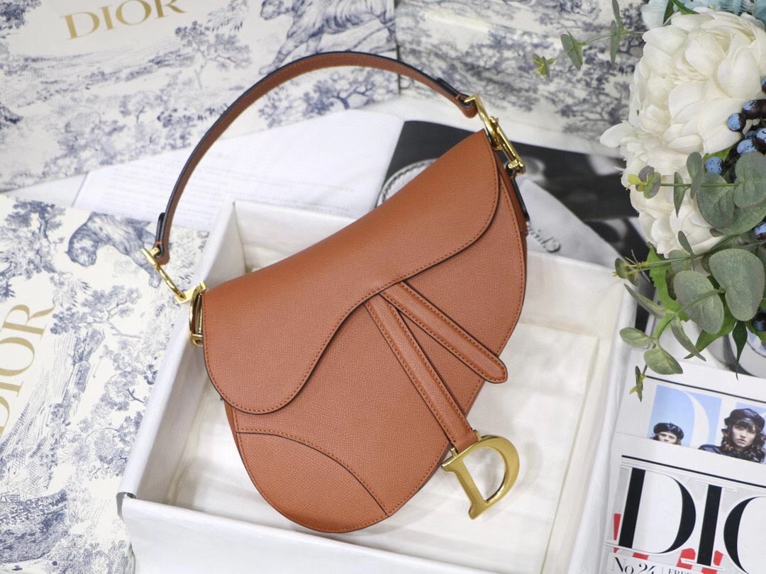 D*or saddle bag in dark tan grained calfskin