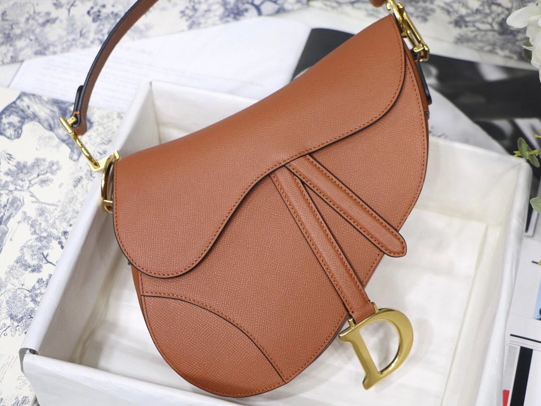 D*or saddle bag in dark tan grained calfskin