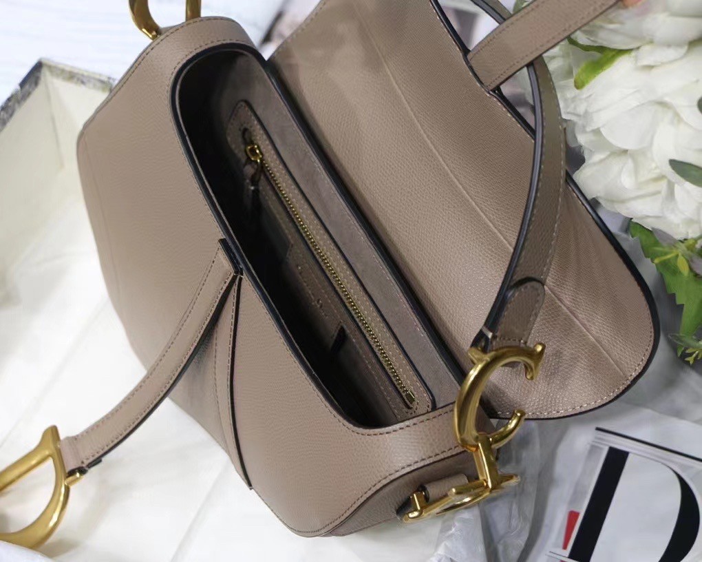 D*or saddle bag in warm taupe grained calfskin