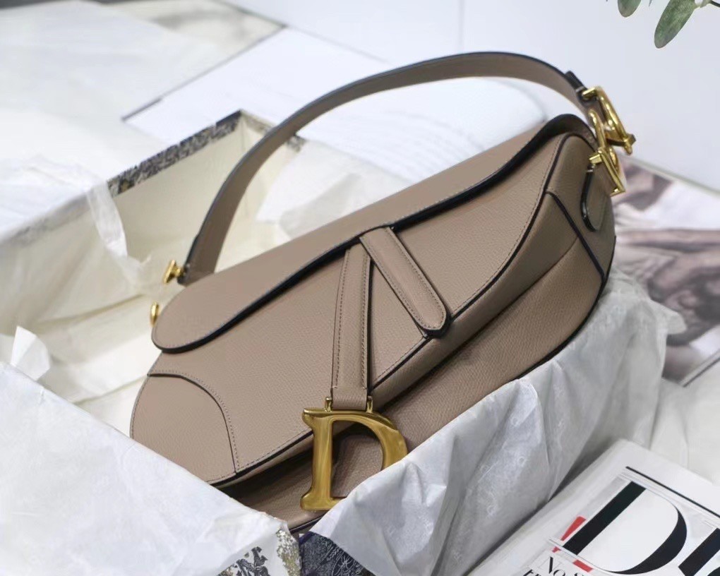 D*or saddle bag in warm taupe grained calfskin
