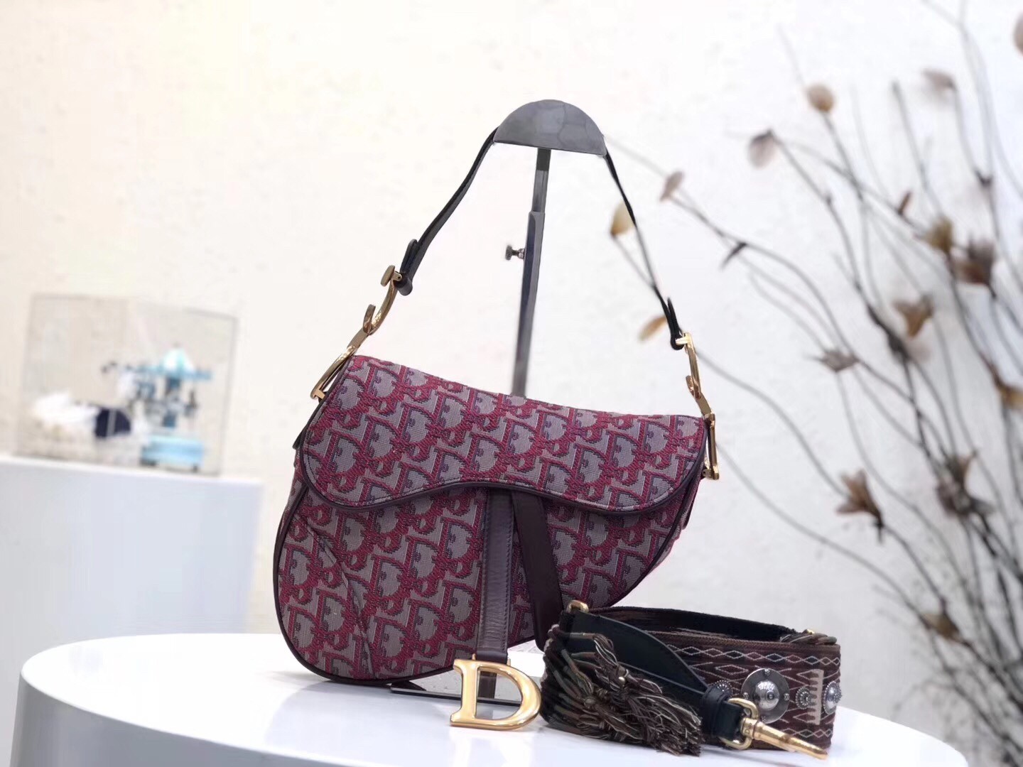 D*or saddle bag in bordeaux oblique jacquard canvas