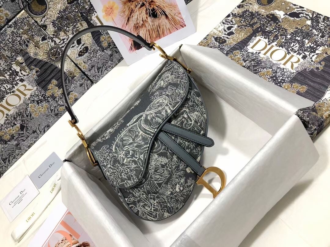 D*or saddle bag in grey toile de jouy reverse jacquard