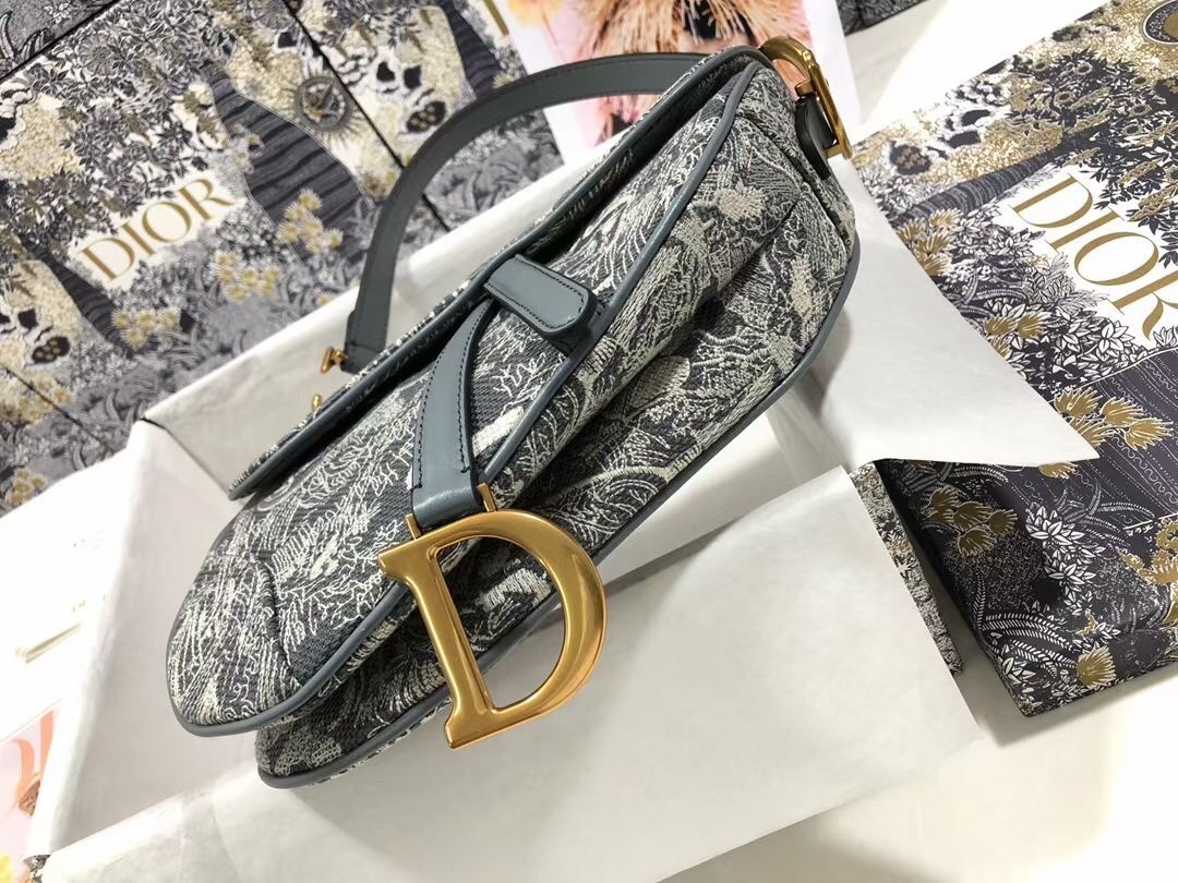 D*or saddle bag in grey toile de jouy reverse jacquard