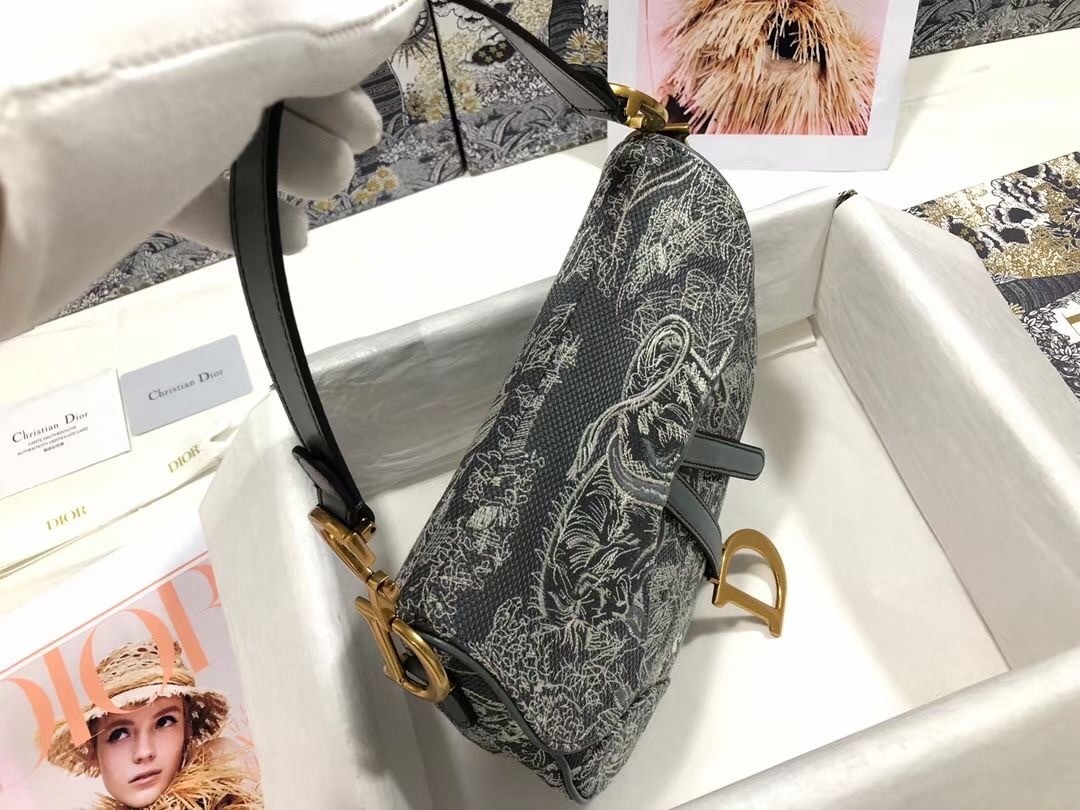 D*or saddle bag in grey toile de jouy reverse jacquard