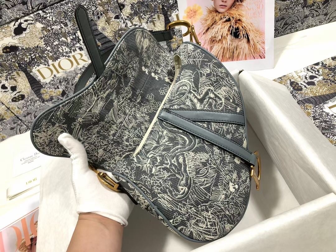 D*or saddle bag in grey toile de jouy reverse jacquard