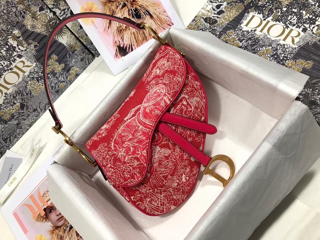 D*or saddle bag in red toile de jouy reverse jacquard