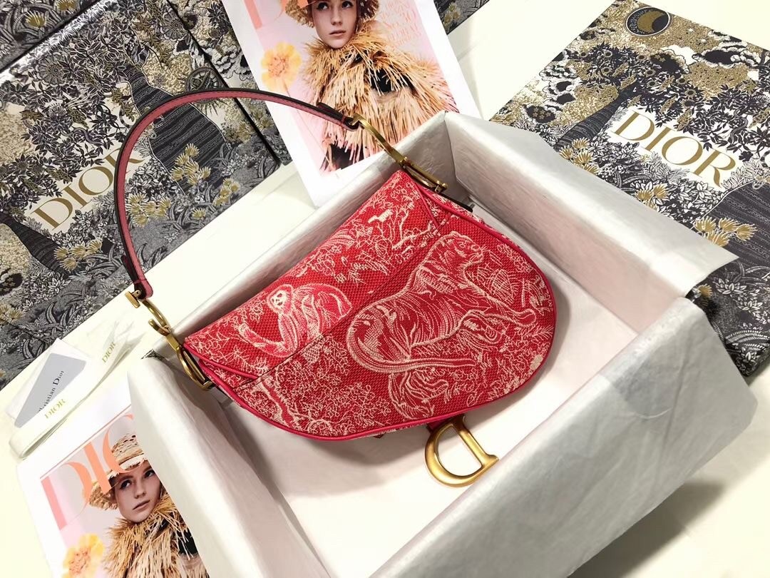 D*or saddle bag in red toile de jouy reverse jacquard