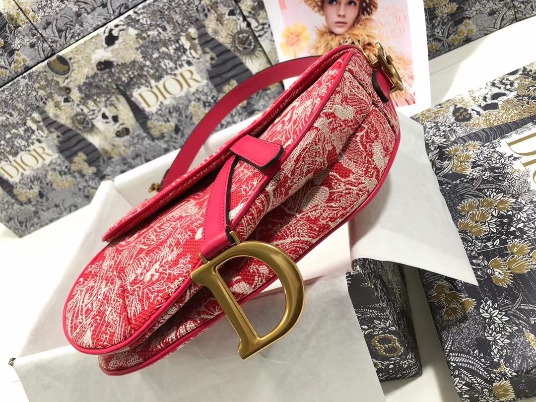 D*or saddle bag in red toile de jouy reverse jacquard