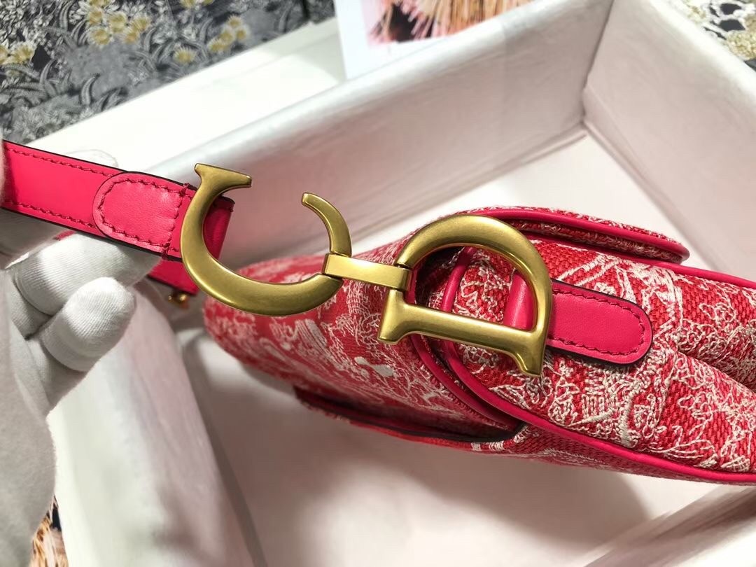D*or saddle bag in red toile de jouy reverse jacquard