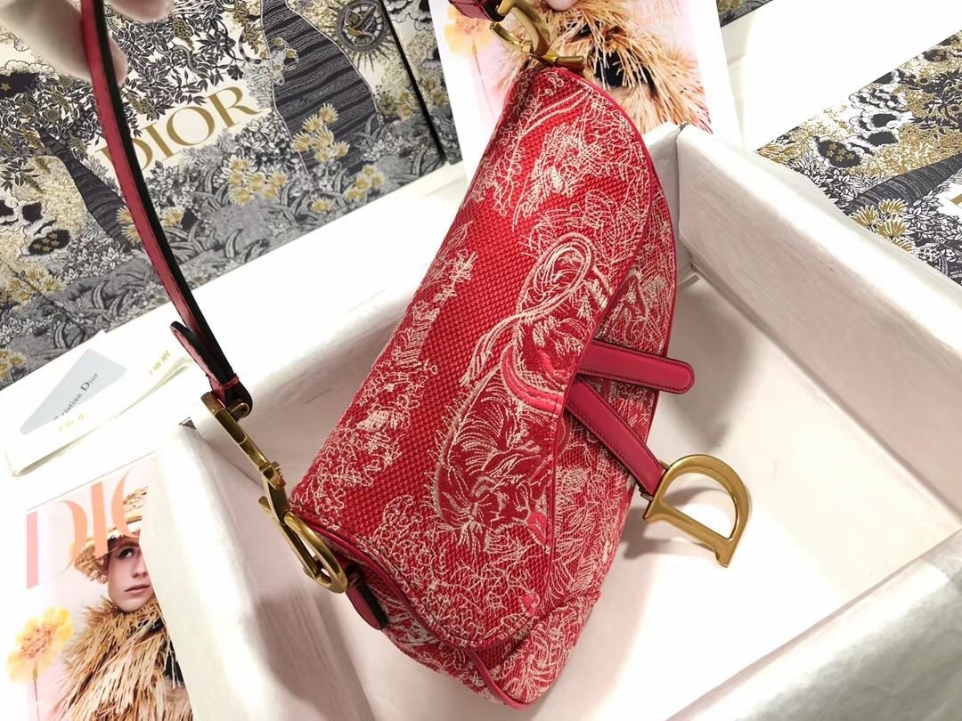 D*or saddle bag in red toile de jouy reverse jacquard