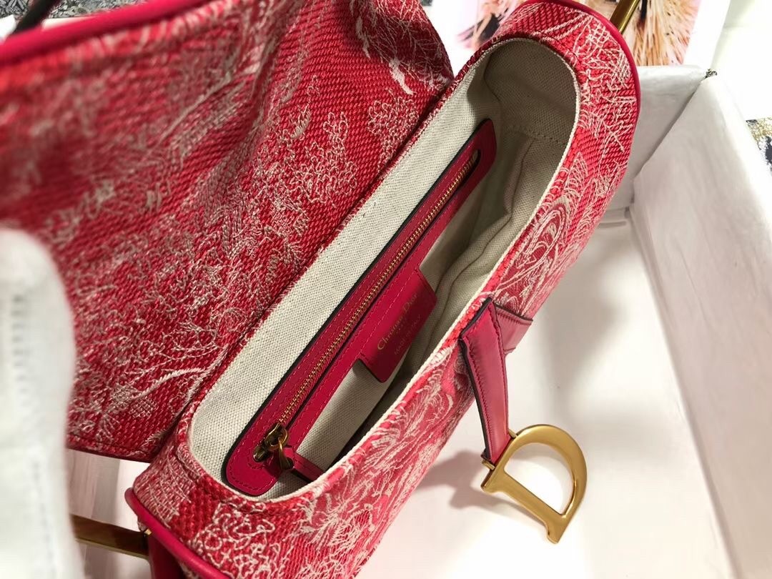 D*or saddle bag in red toile de jouy reverse jacquard
