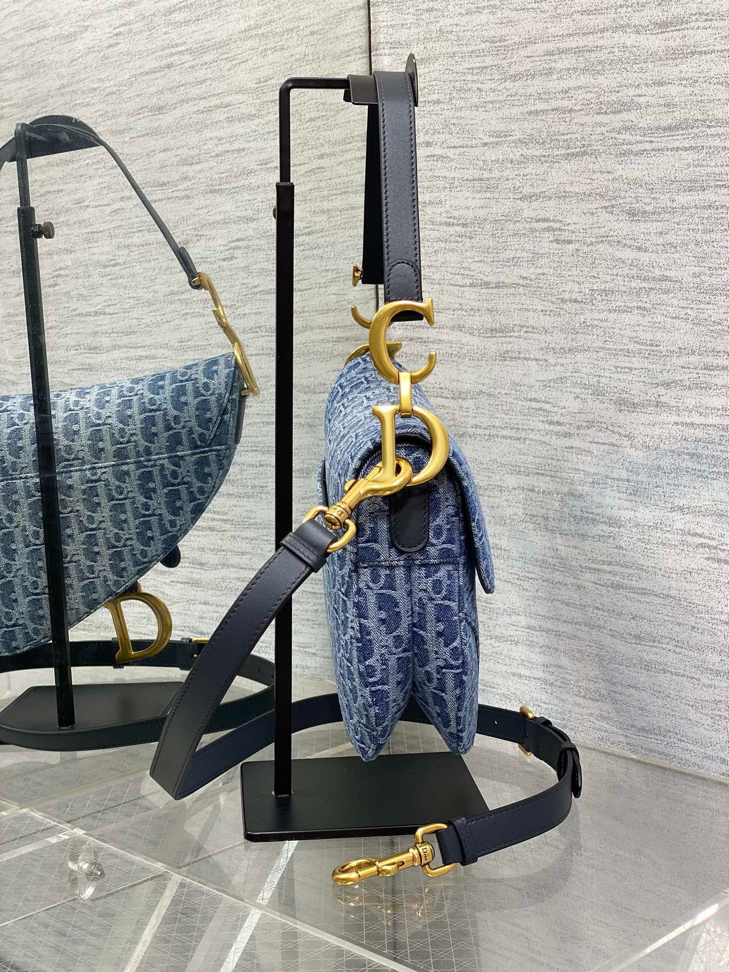 D*or saddle bag with strap in blue denim oblique jacquard