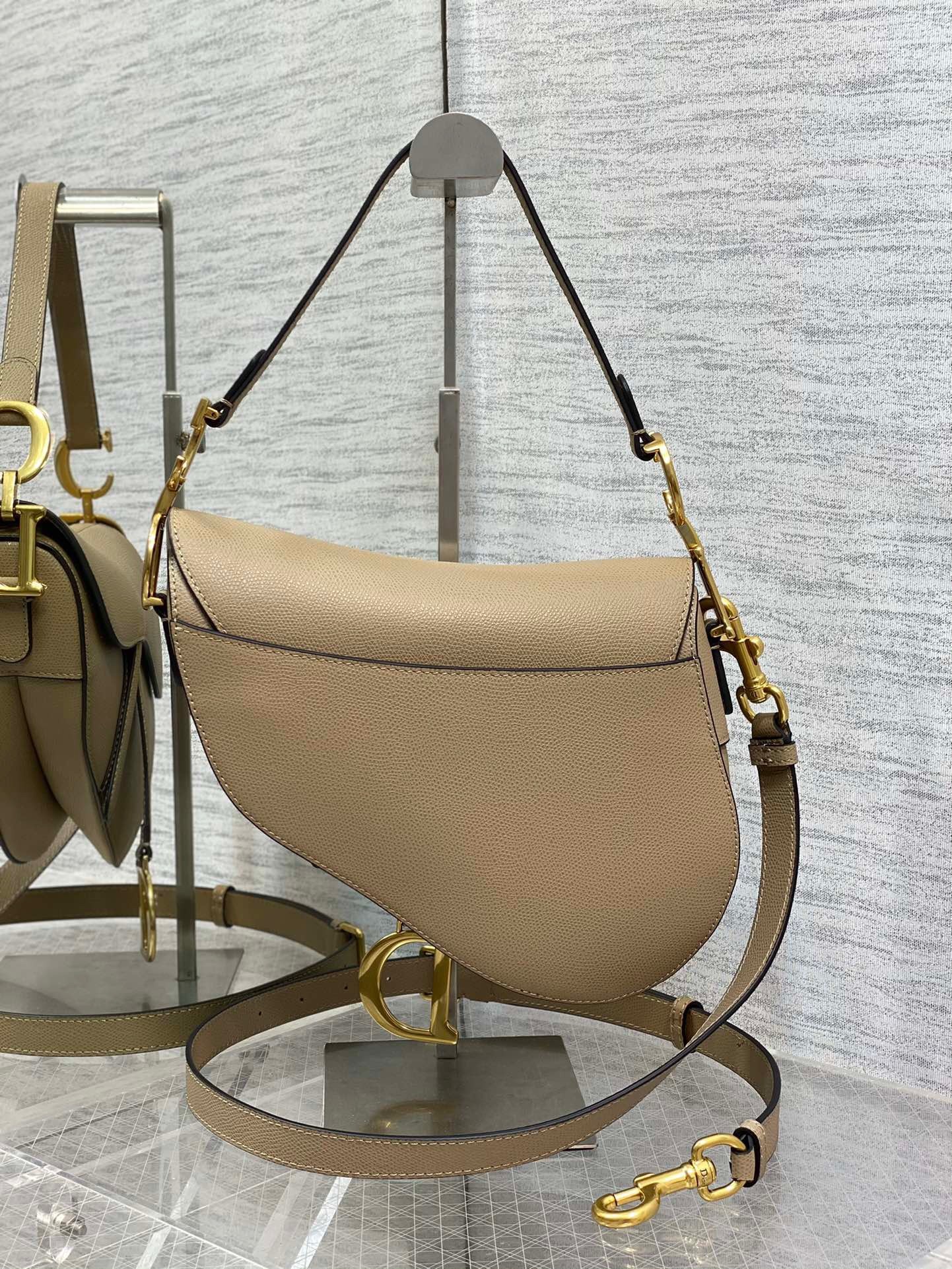 D*or saddle bag with strap in sand grained calfskin