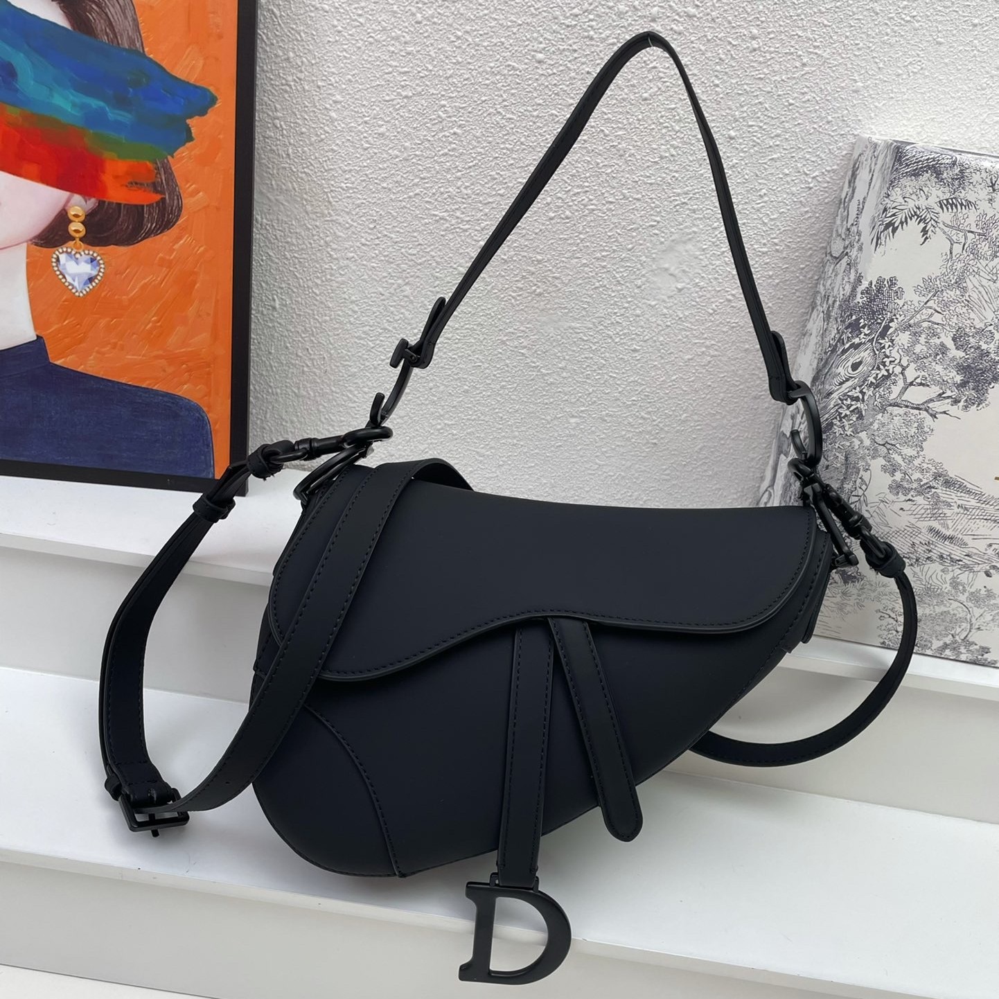 D*or saddle bag with strap in black ultramatte calfskin