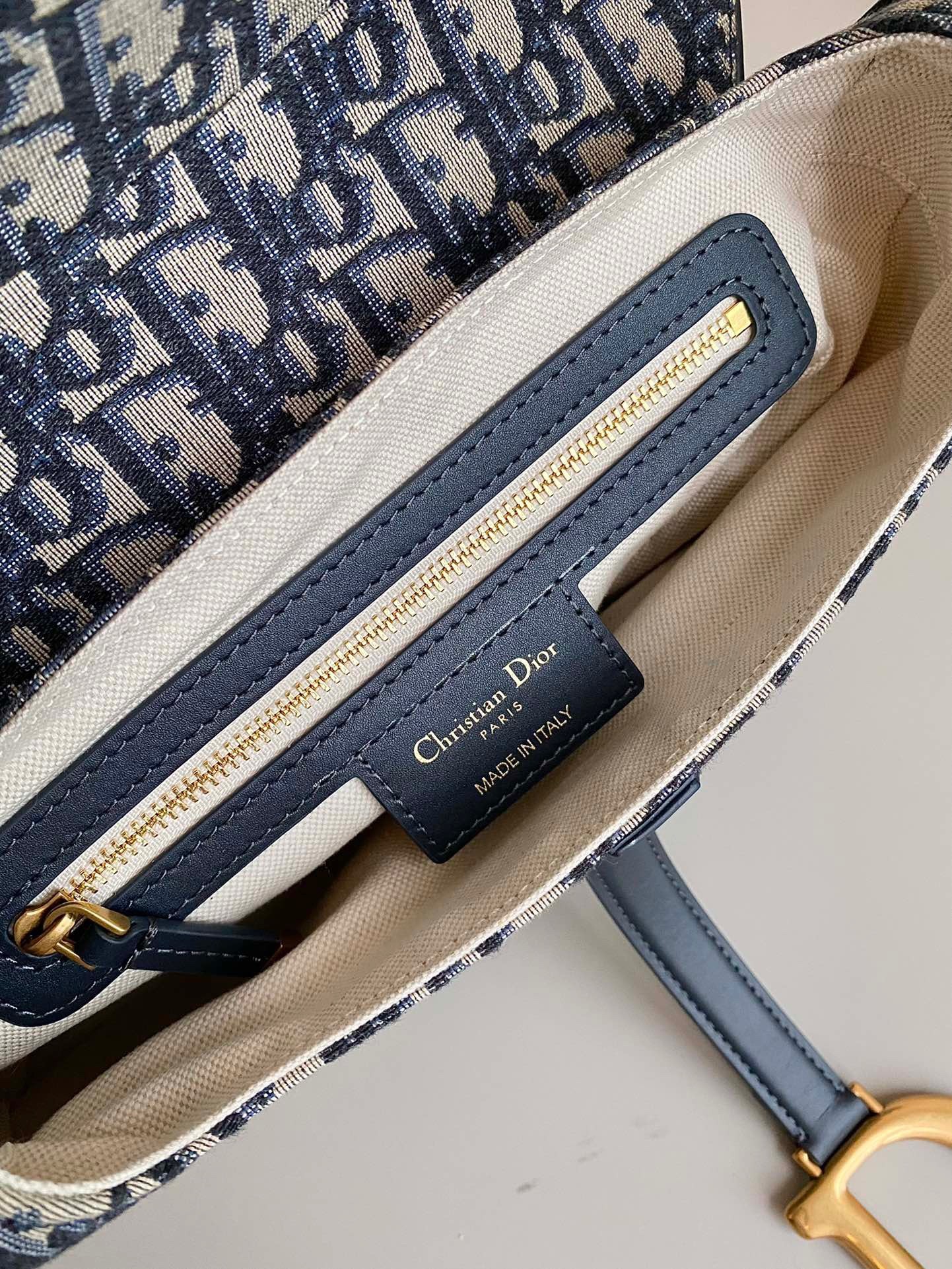 D*or saddle bag with strap in blue oblique jacquard