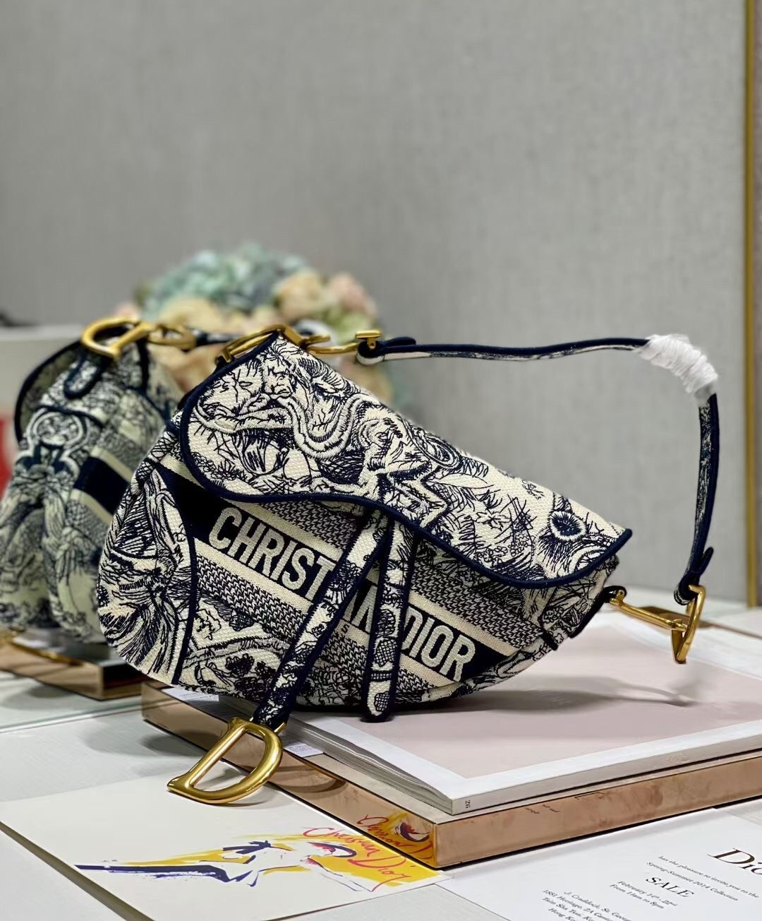D*or saddle bag in blue toile de jouy embroidery