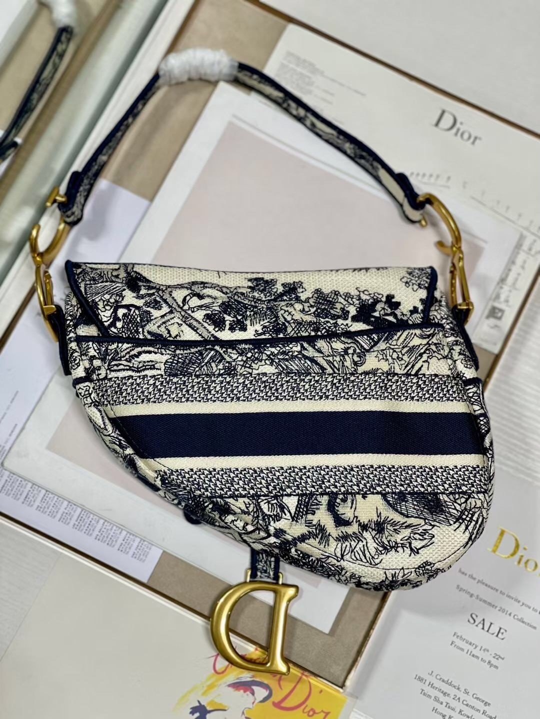 D*or saddle bag in blue toile de jouy embroidery