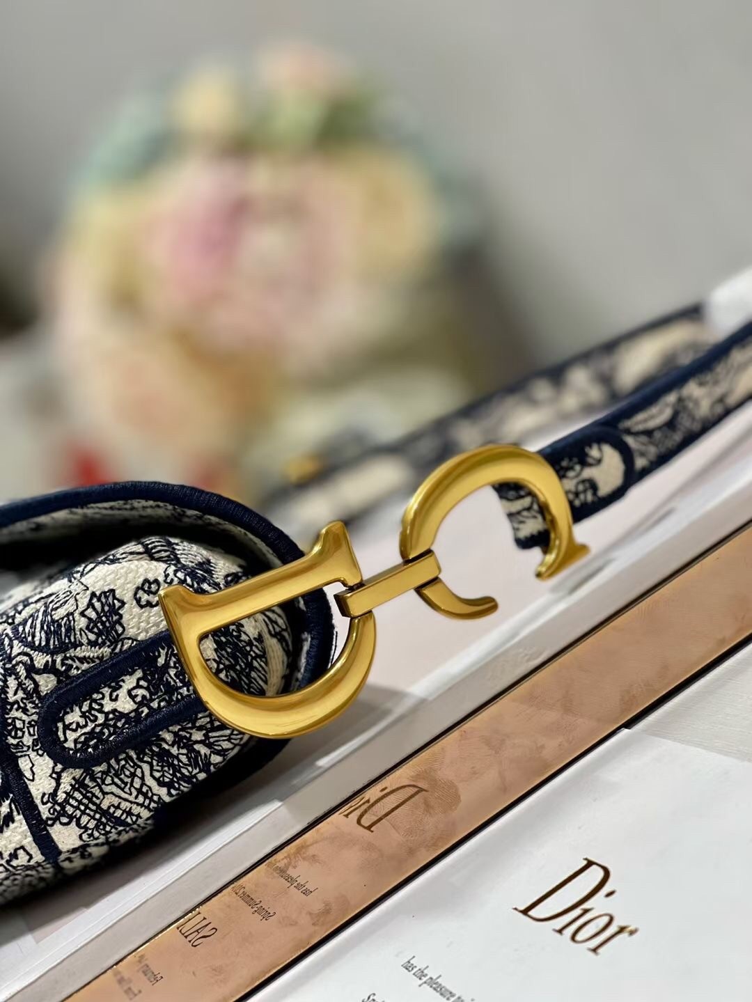D*or saddle bag in blue toile de jouy embroidery