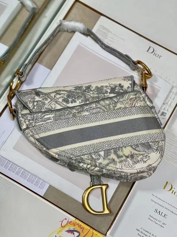D*or saddle bag in grey toile de jouy embroidery