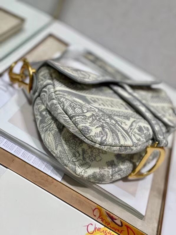 D*or saddle bag in grey toile de jouy embroidery