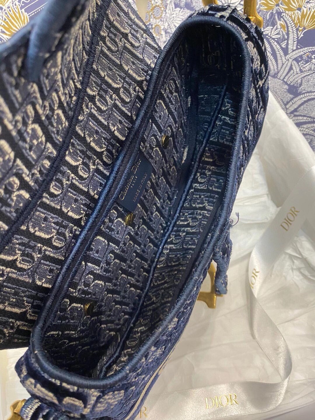 D*or saddle bag in blue D*or oblique embroidered velvet