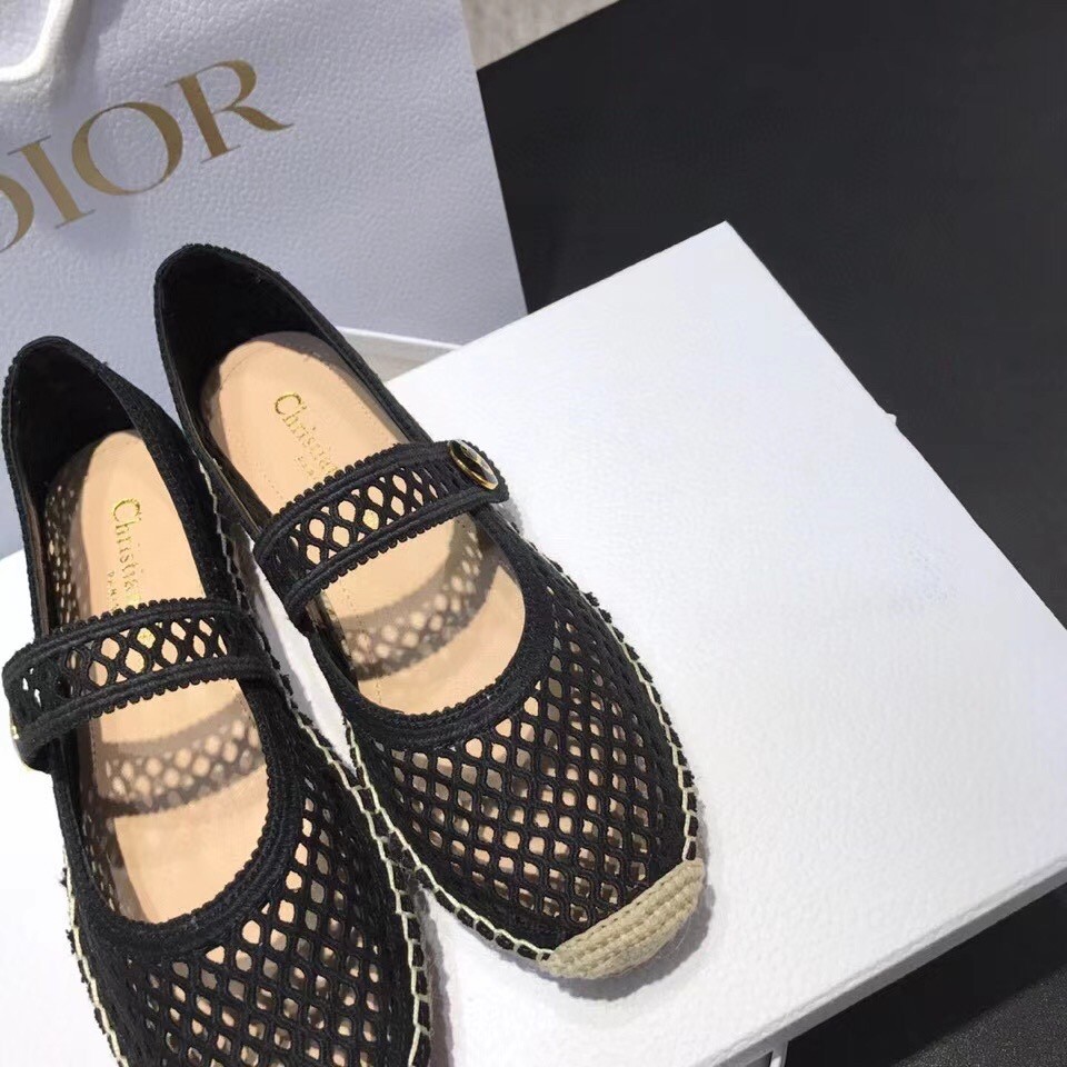 D*or caro espadrille ballerina flat in black mesh embroidery