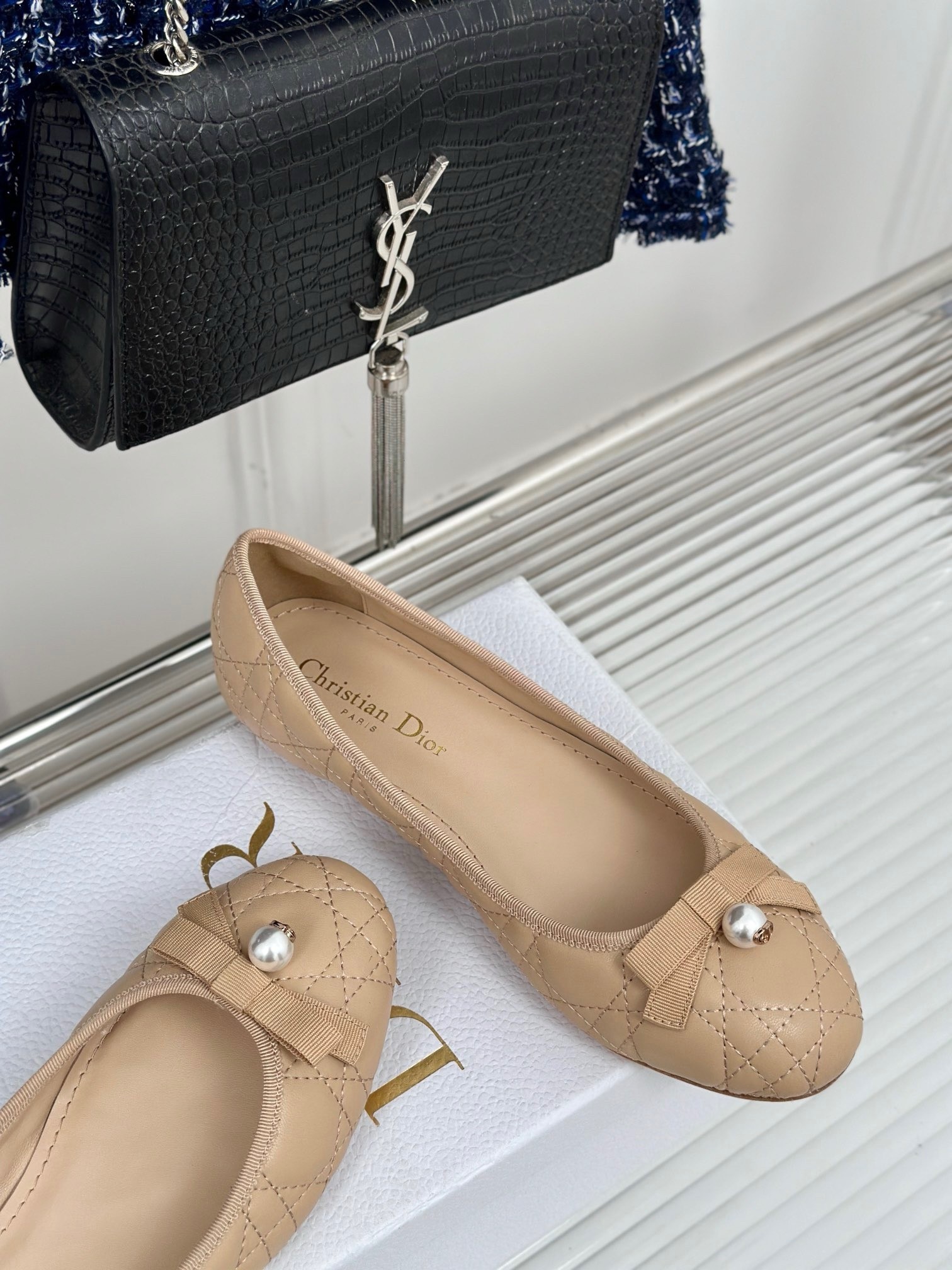 D*or ballerina flats in nude quilted cannage calfskin
