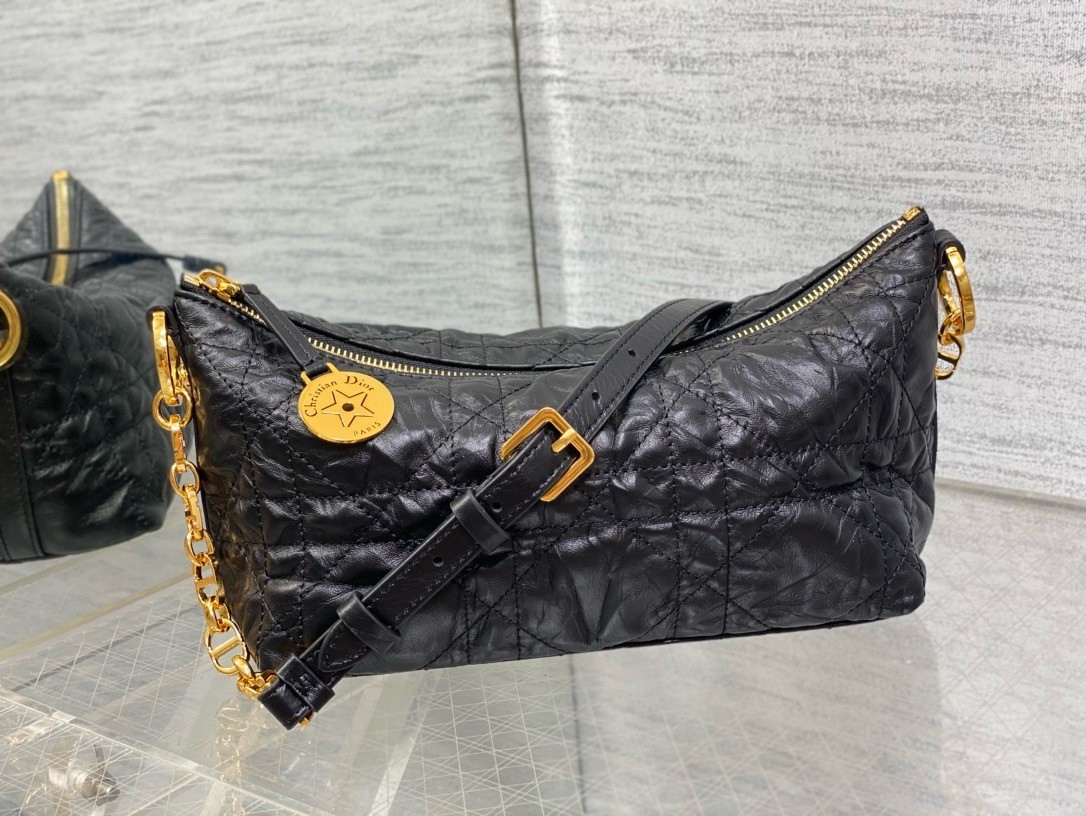 D*or D*orstar hobo bag with chain in black crinkled calfskin