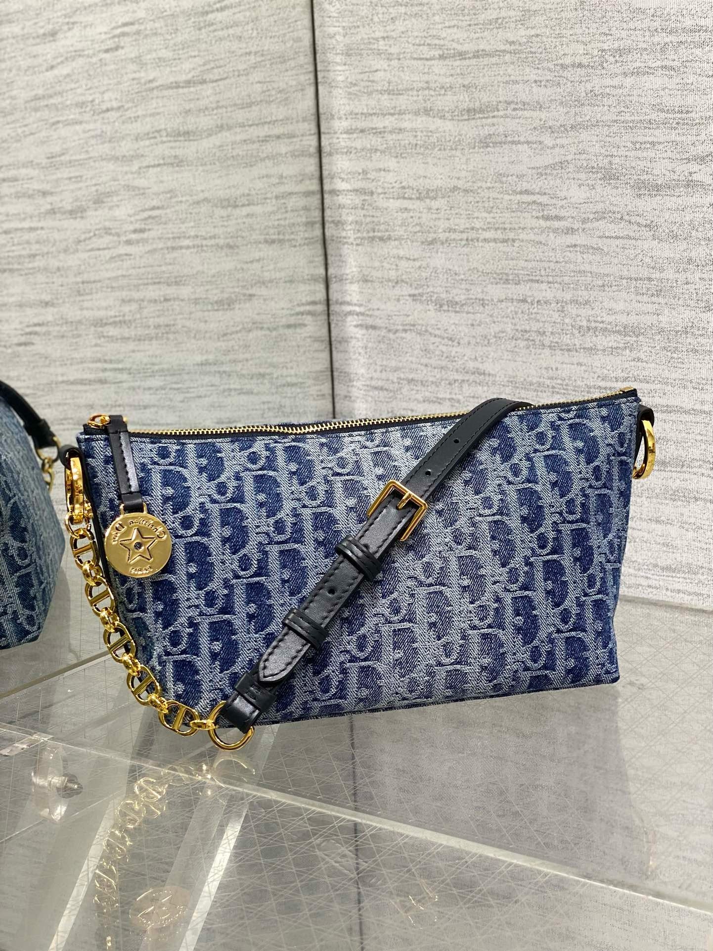 D*or D*orstar hobo bag with chain in blue denim oblique jacquard