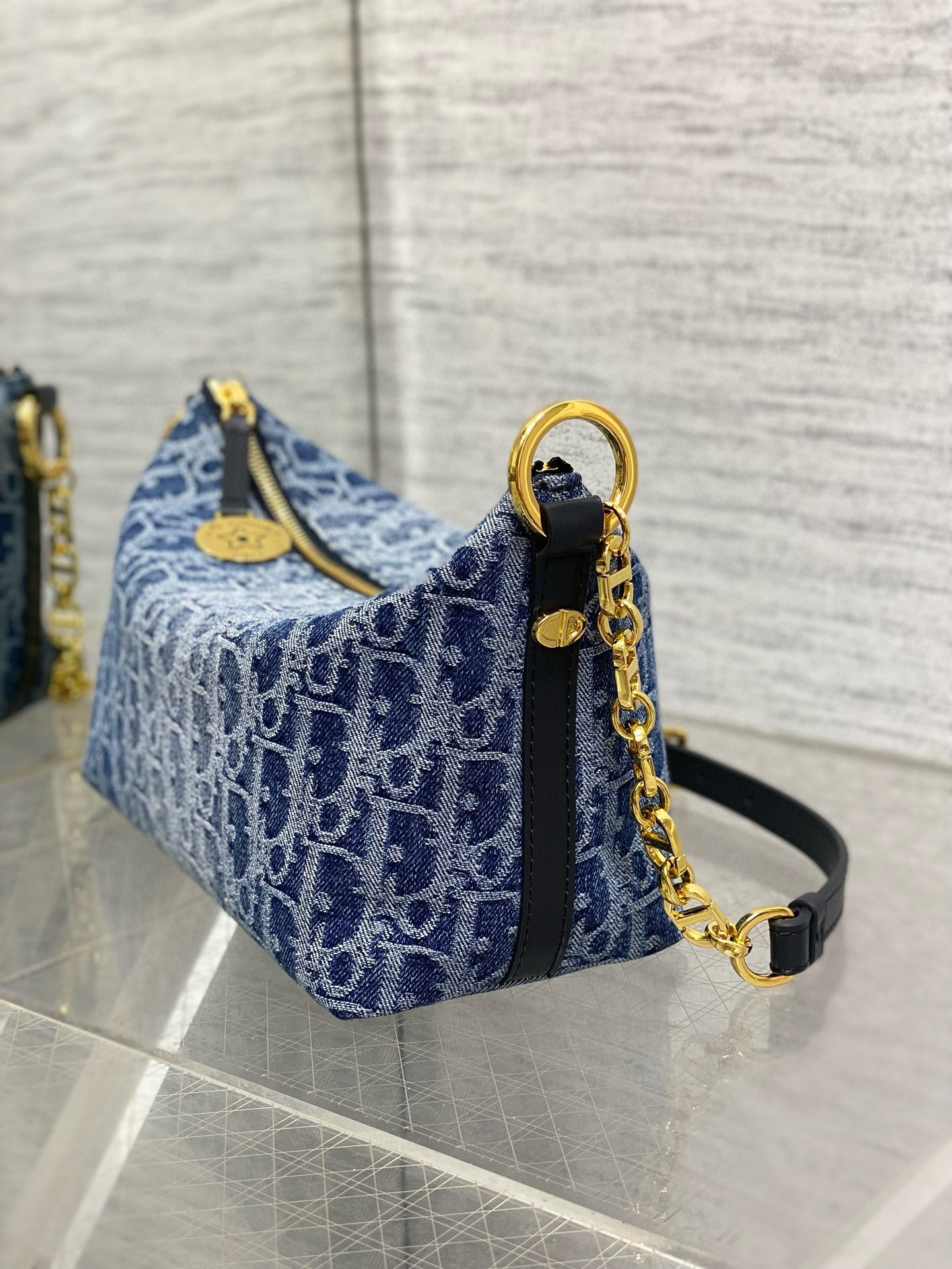D*or D*orstar hobo bag with chain in blue denim oblique jacquard