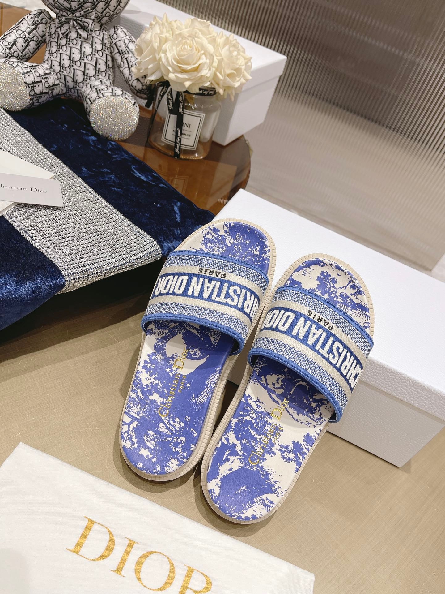 D*or dway slides in bright blue toile de jouy embroidered cotton