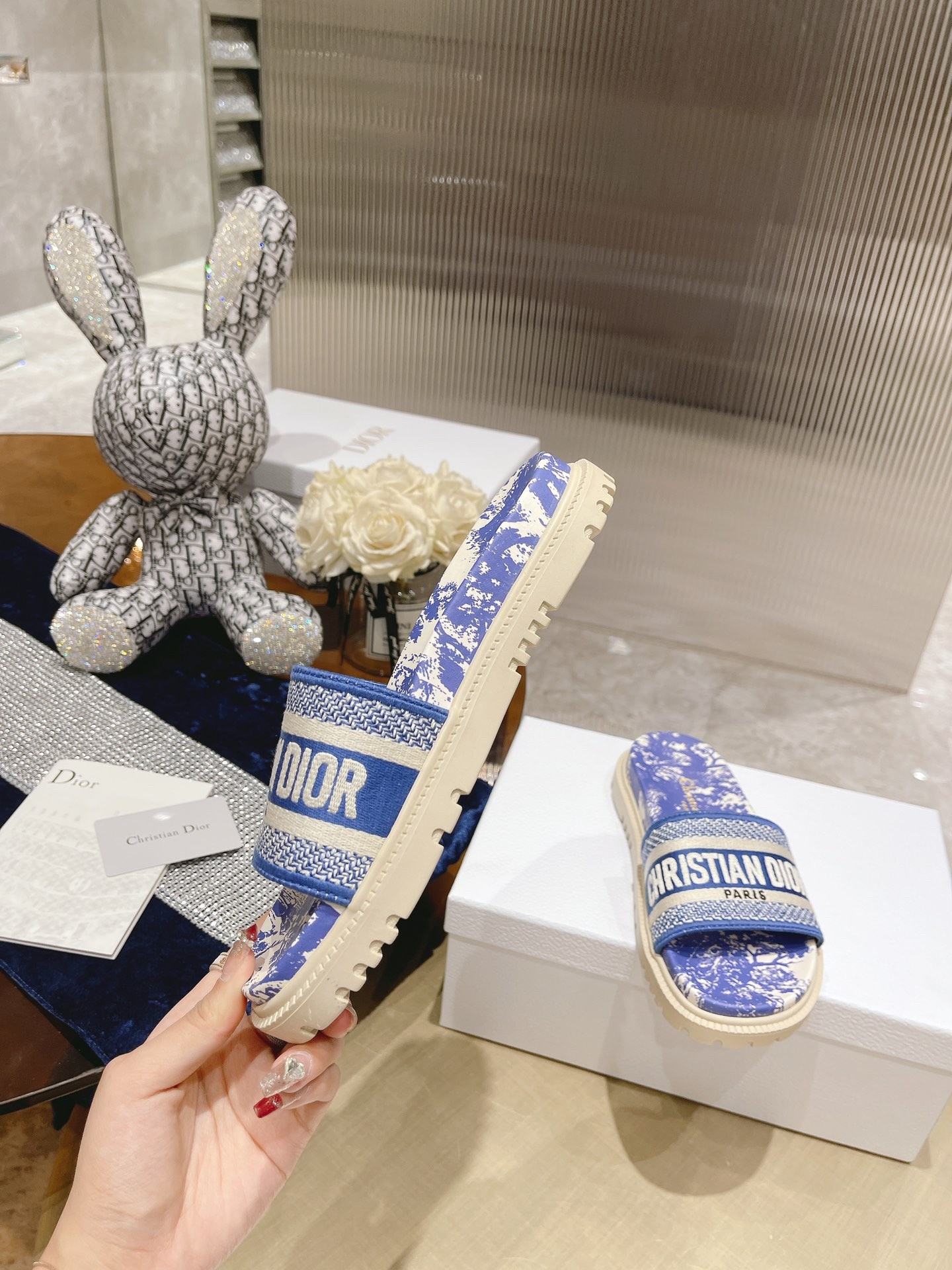 D*or dway slides in bright blue toile de jouy embroidered cotton