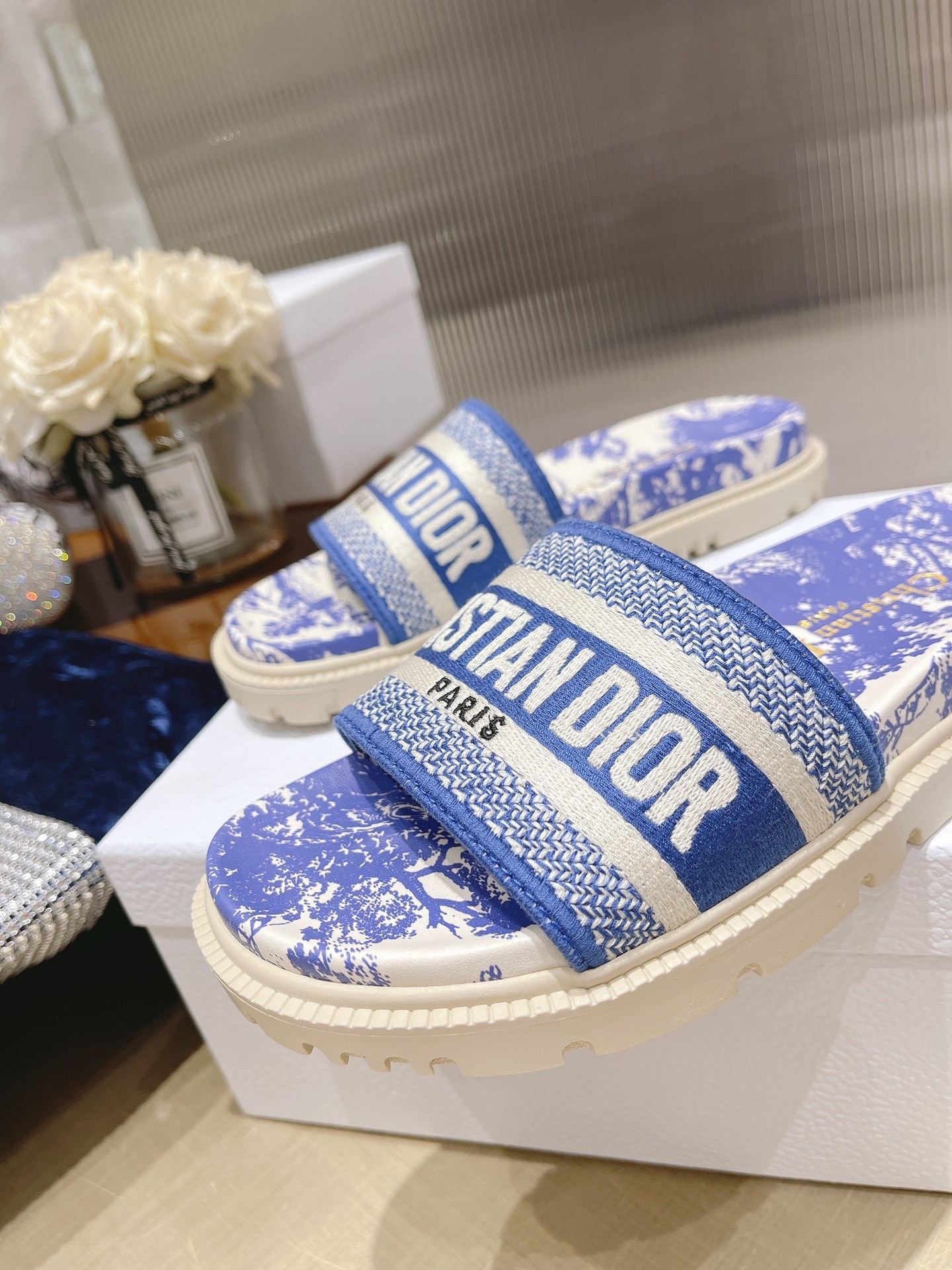 D*or dway slides in bright blue toile de jouy embroidered cotton