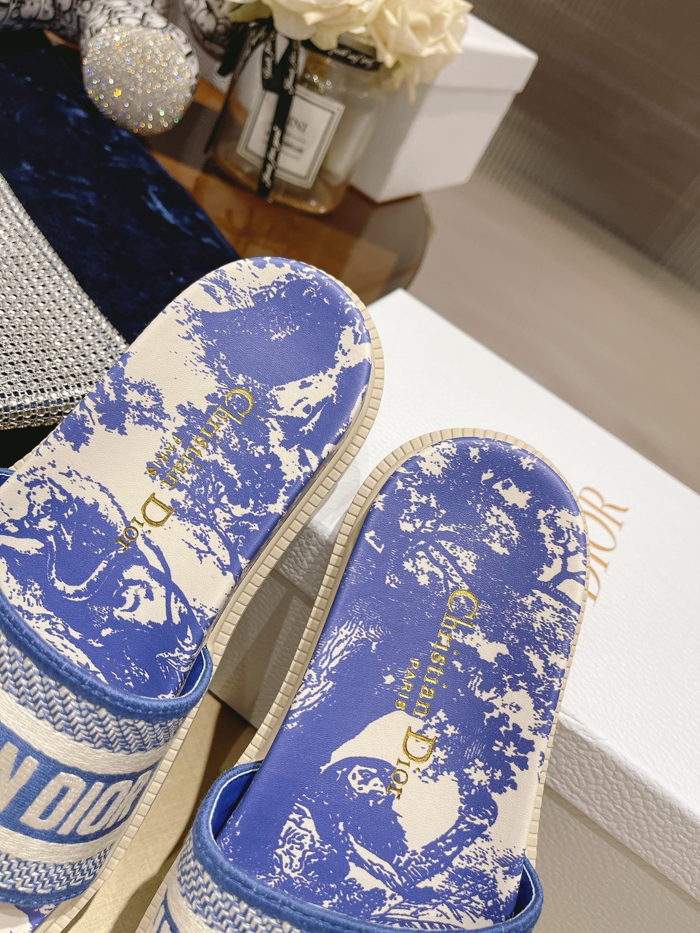 D*or dway slides in bright blue toile de jouy embroidered cotton