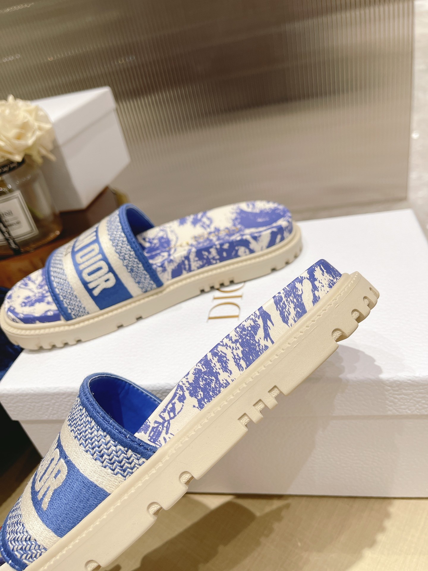 D*or dway slides in bright blue toile de jouy embroidered cotton