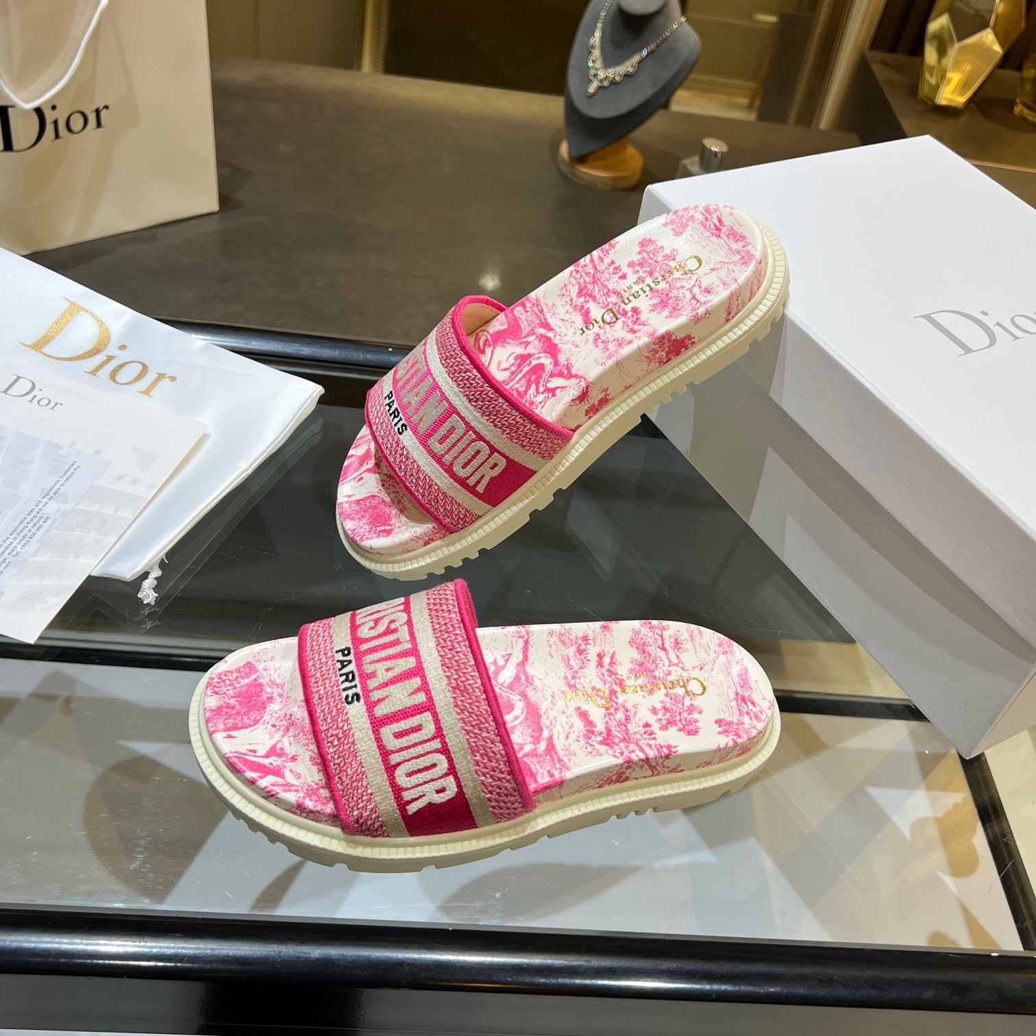 D*or dway slides in bright pink toile de jouy embroidered cotton
