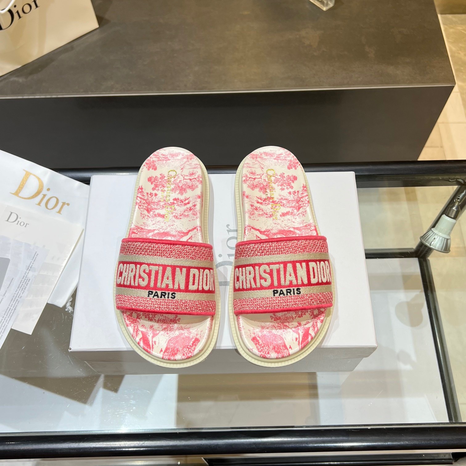 D*or dway slides in bright pink toile de jouy embroidered cotton