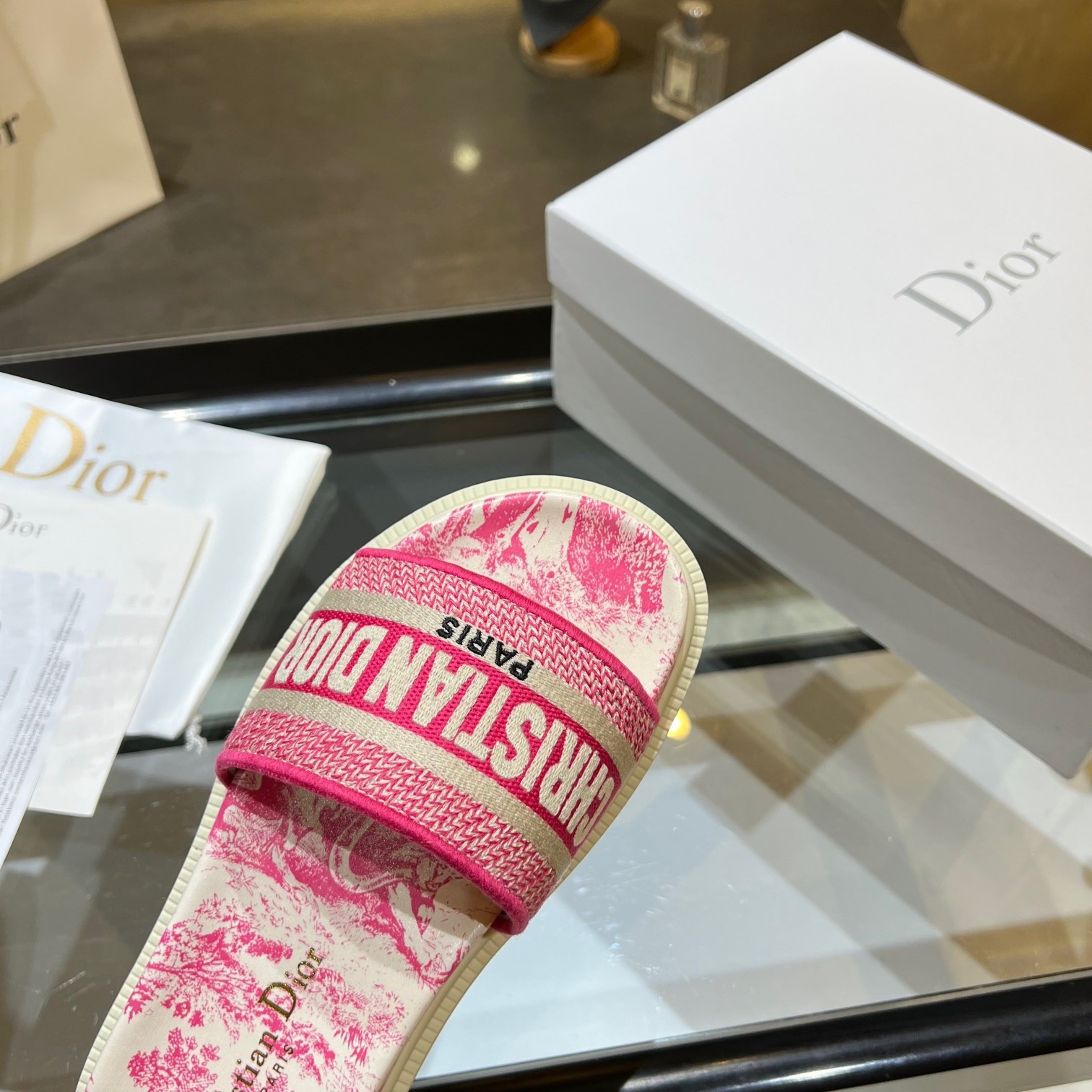D*or dway slides in bright pink toile de jouy embroidered cotton