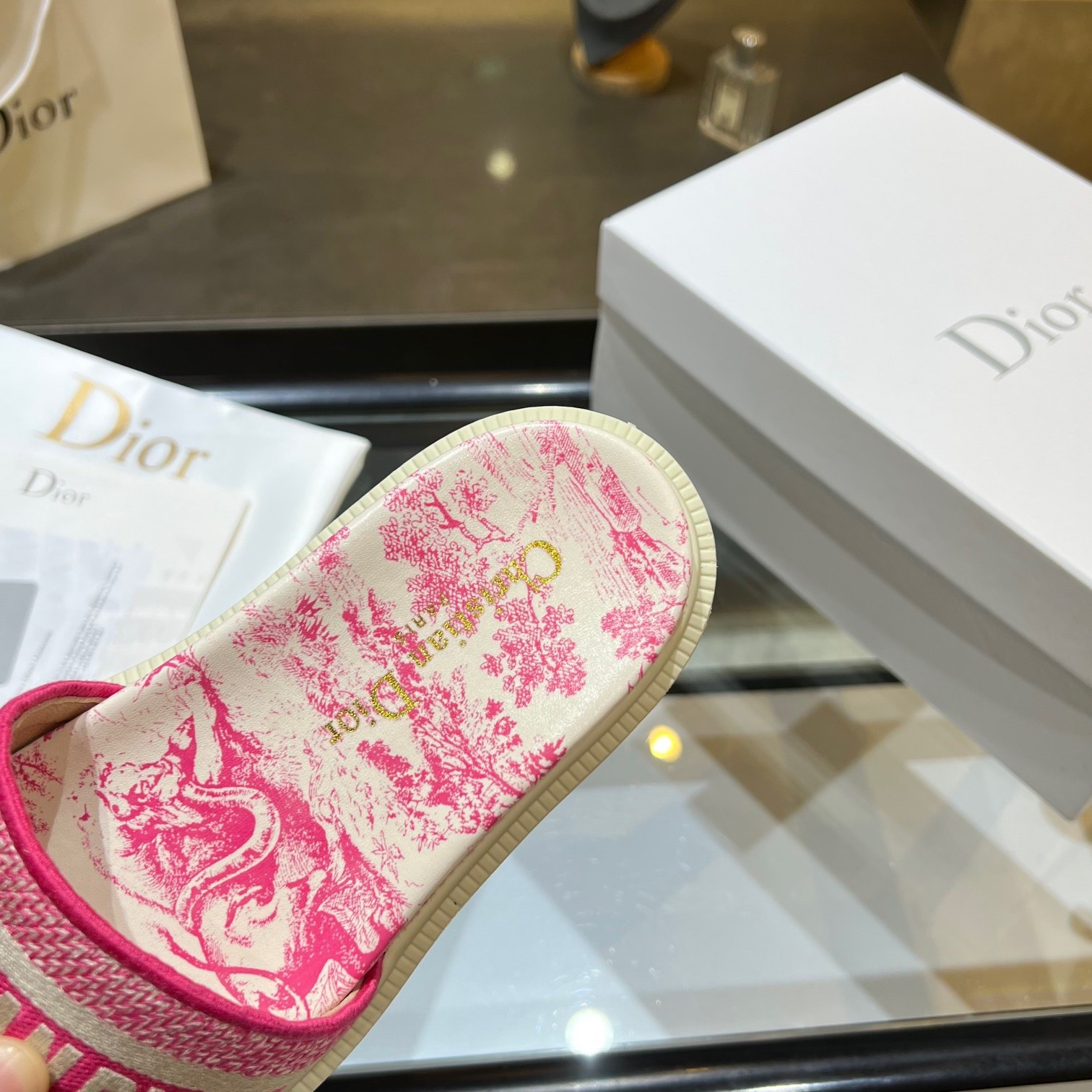 D*or dway slides in bright pink toile de jouy embroidered cotton
