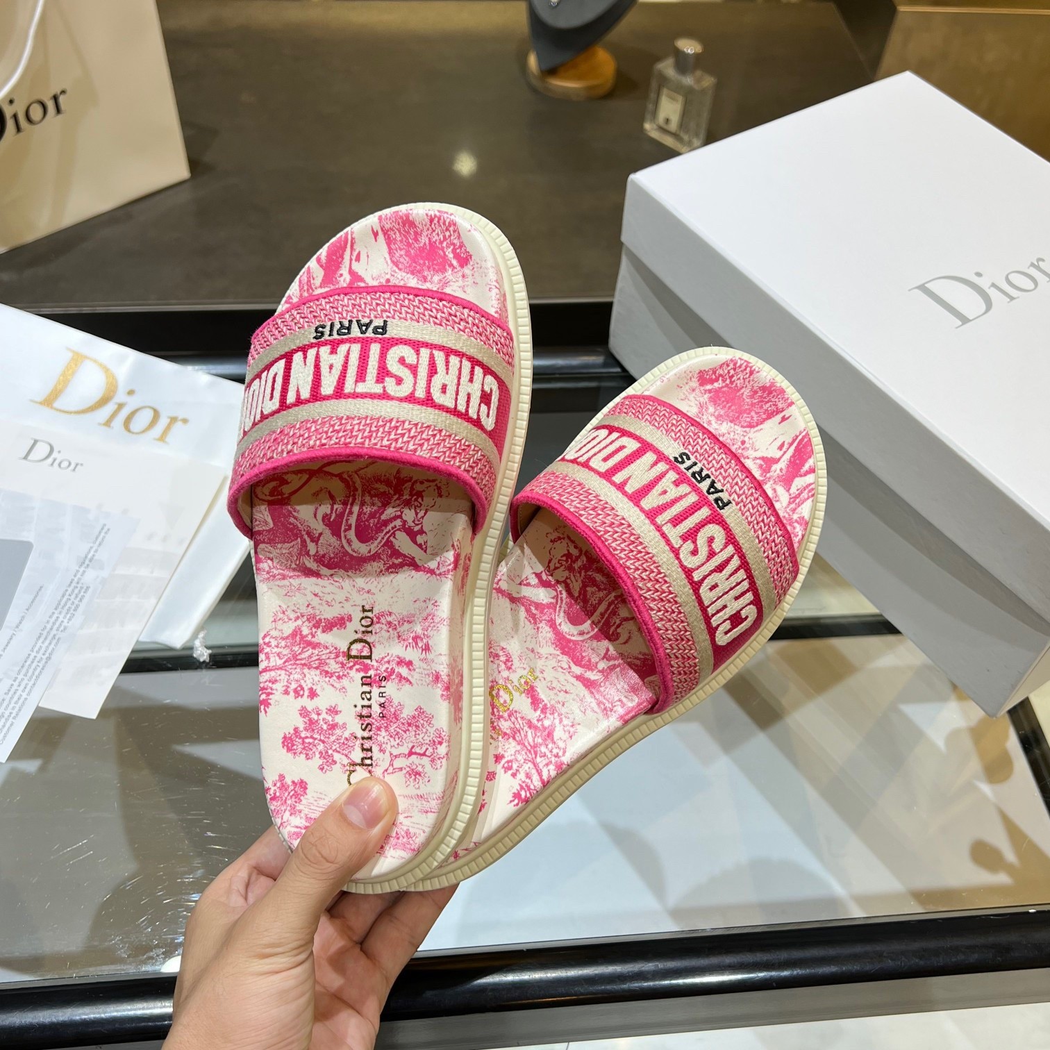 D*or dway slides in bright pink toile de jouy embroidered cotton