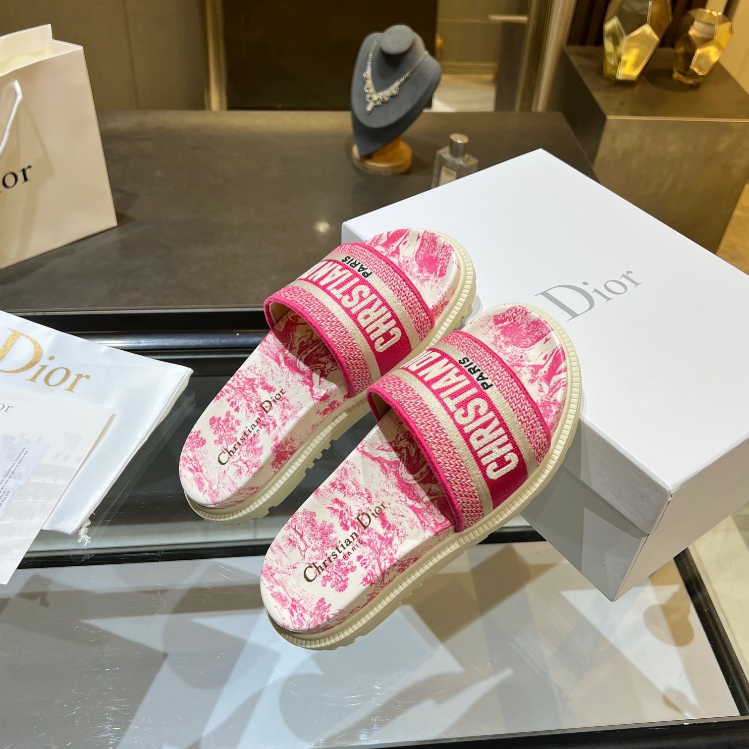 D*or dway slides in bright pink toile de jouy embroidered cotton