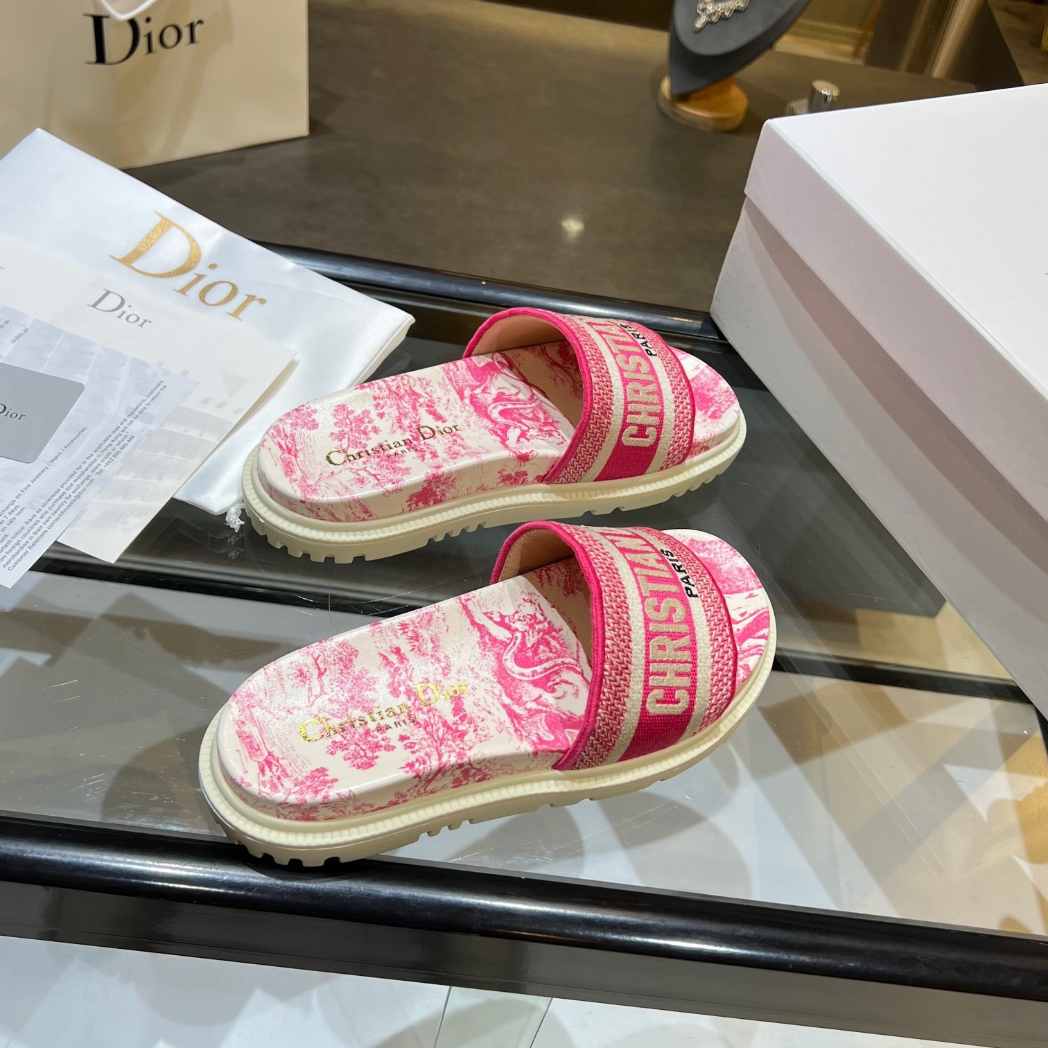 D*or dway slides in bright pink toile de jouy embroidered cotton
