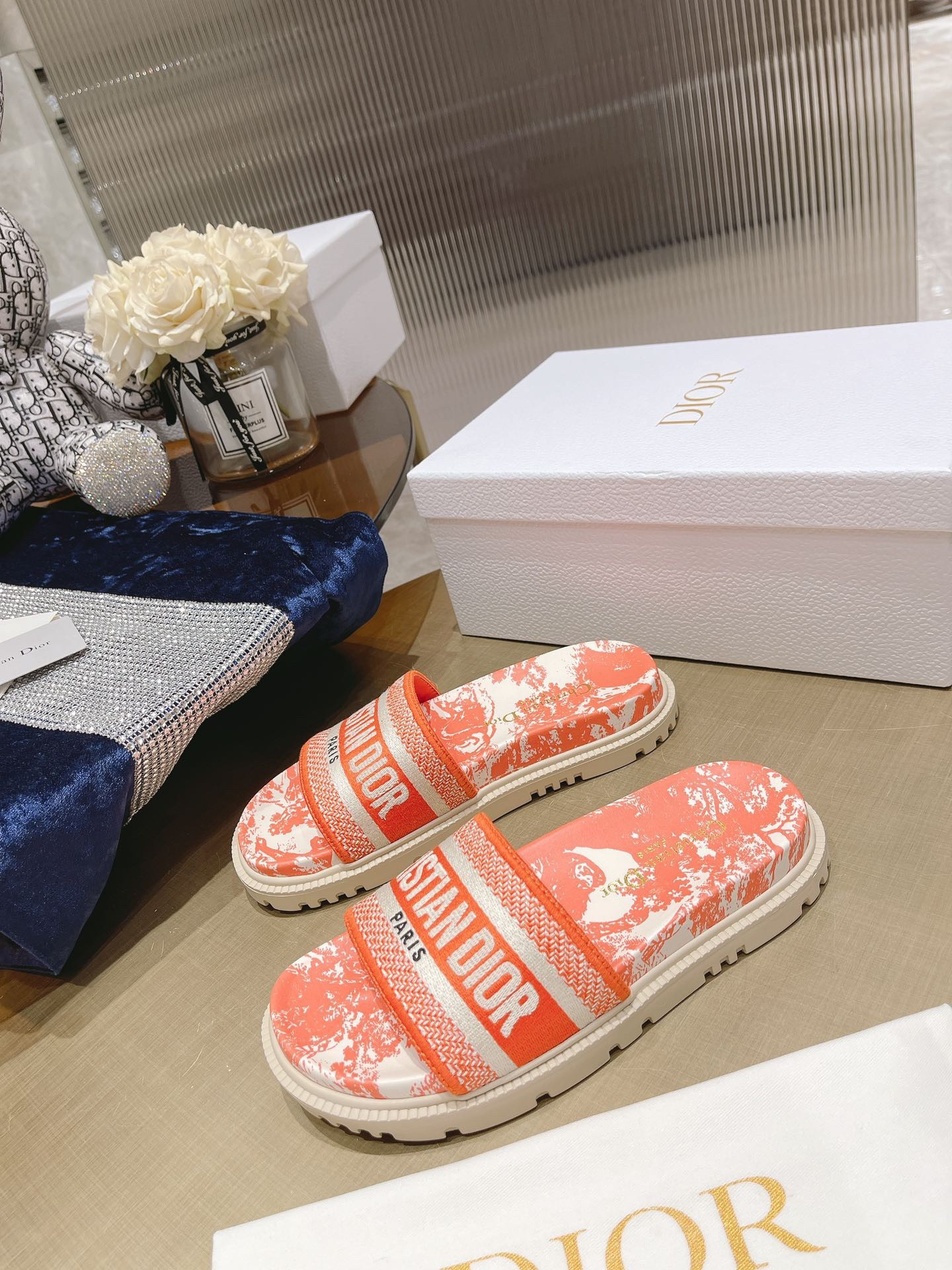 D*or dway slides in bright orange toile de jouy embroidered cotton