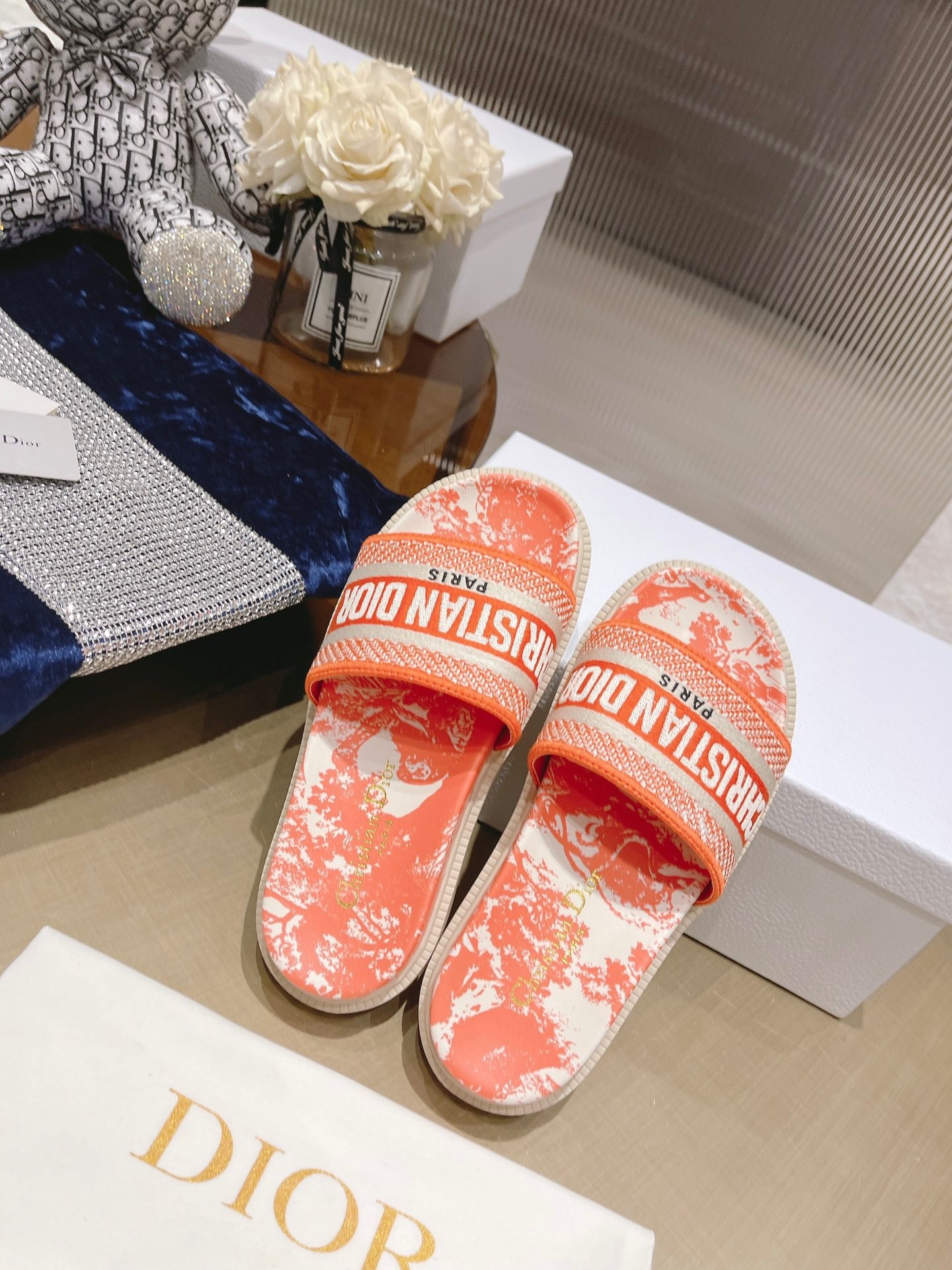 D*or dway slides in bright orange toile de jouy embroidered cotton