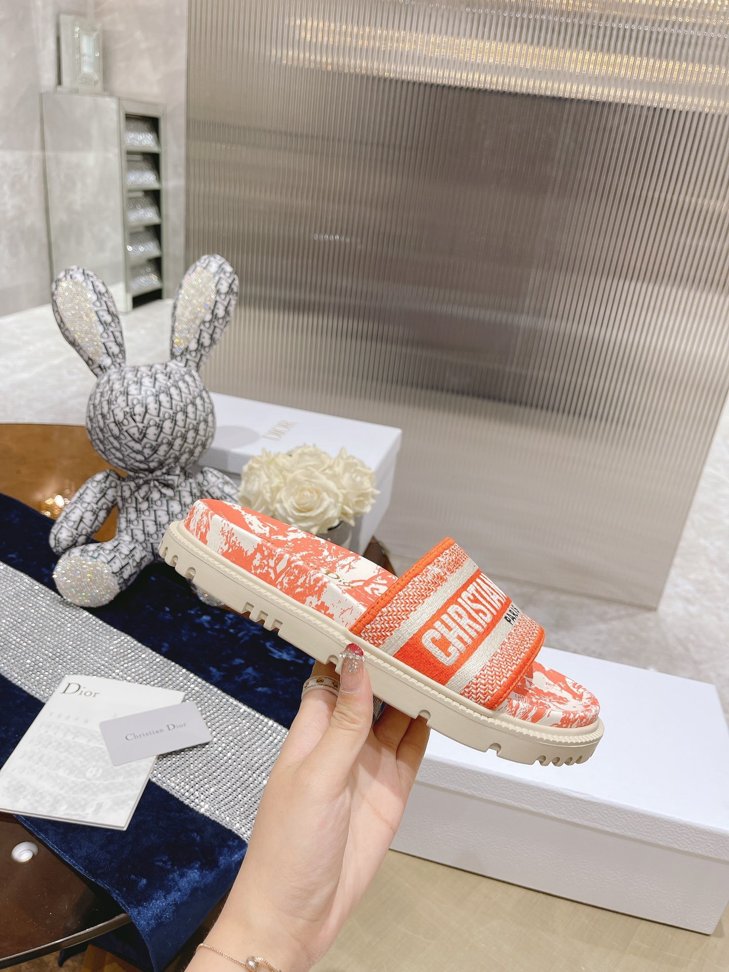 D*or dway slides in bright orange toile de jouy embroidered cotton
