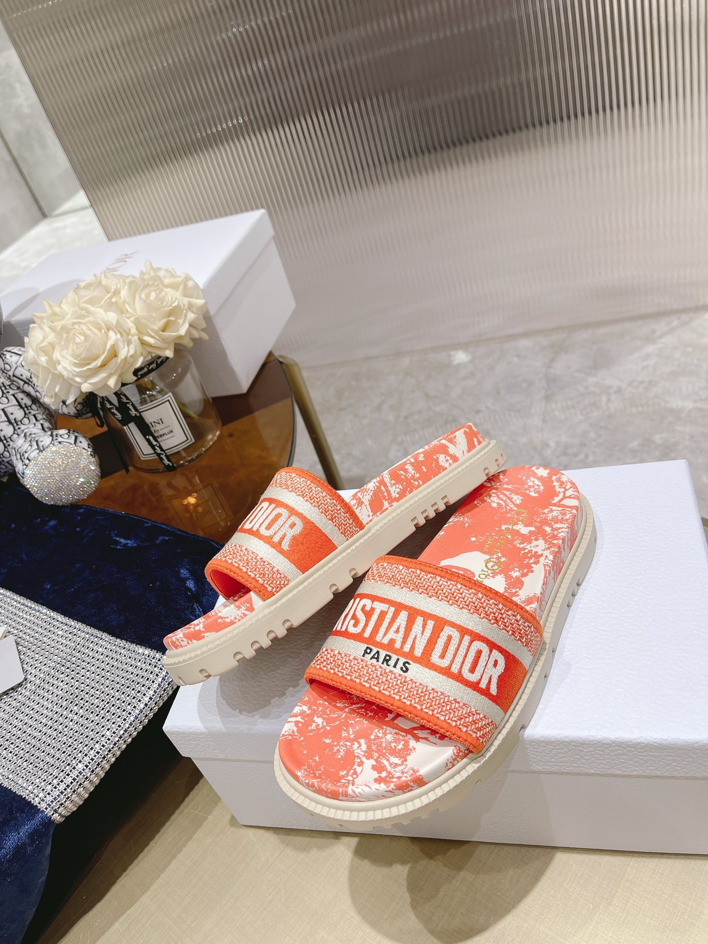 D*or dway slides in bright orange toile de jouy embroidered cotton