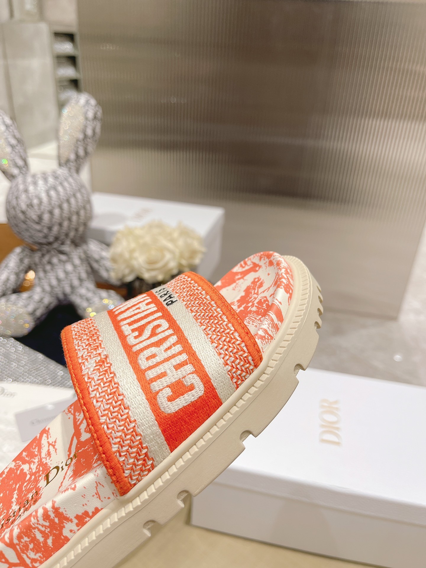 D*or dway slides in bright orange toile de jouy embroidered cotton