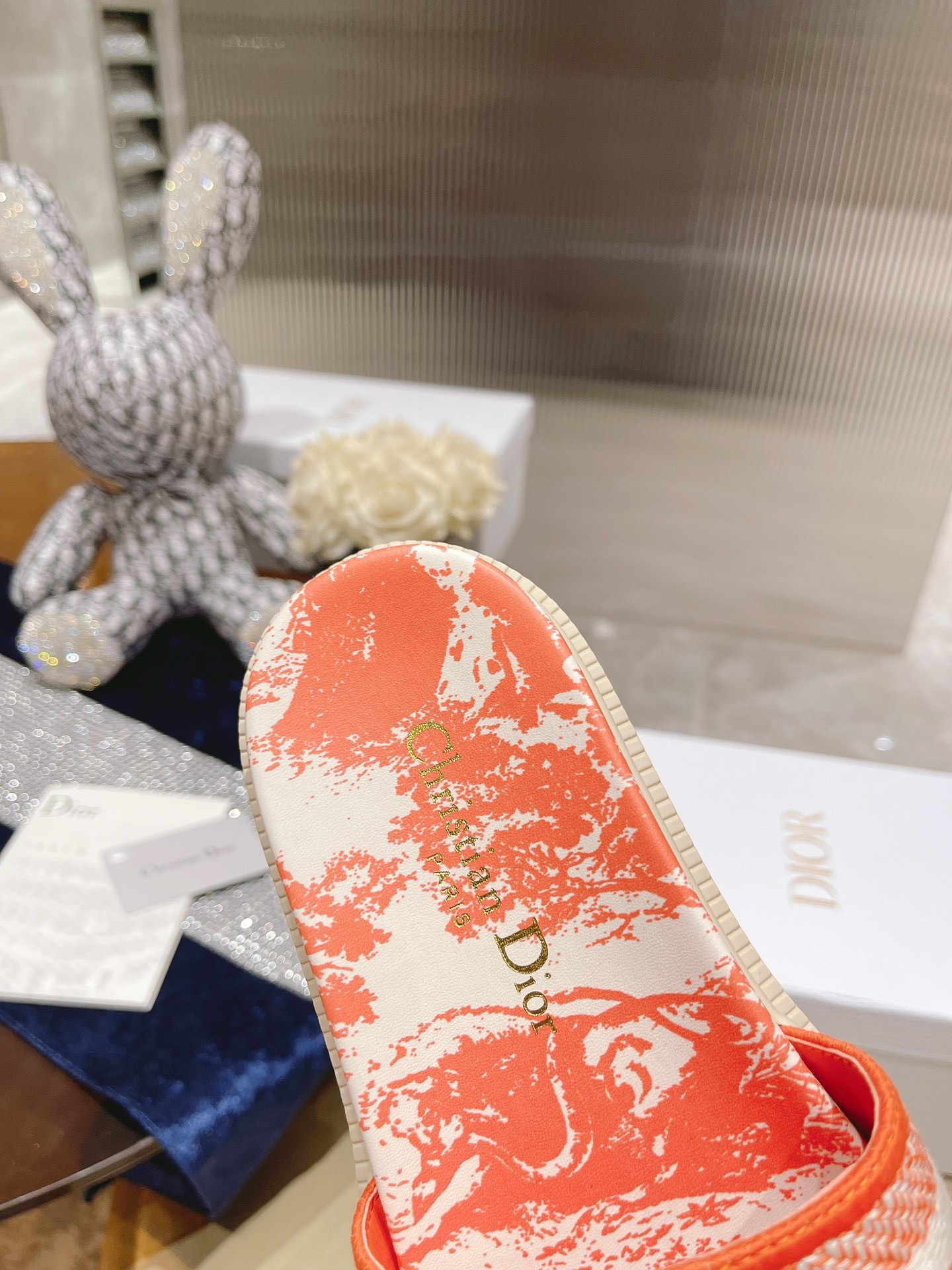 D*or dway slides in bright orange toile de jouy embroidered cotton