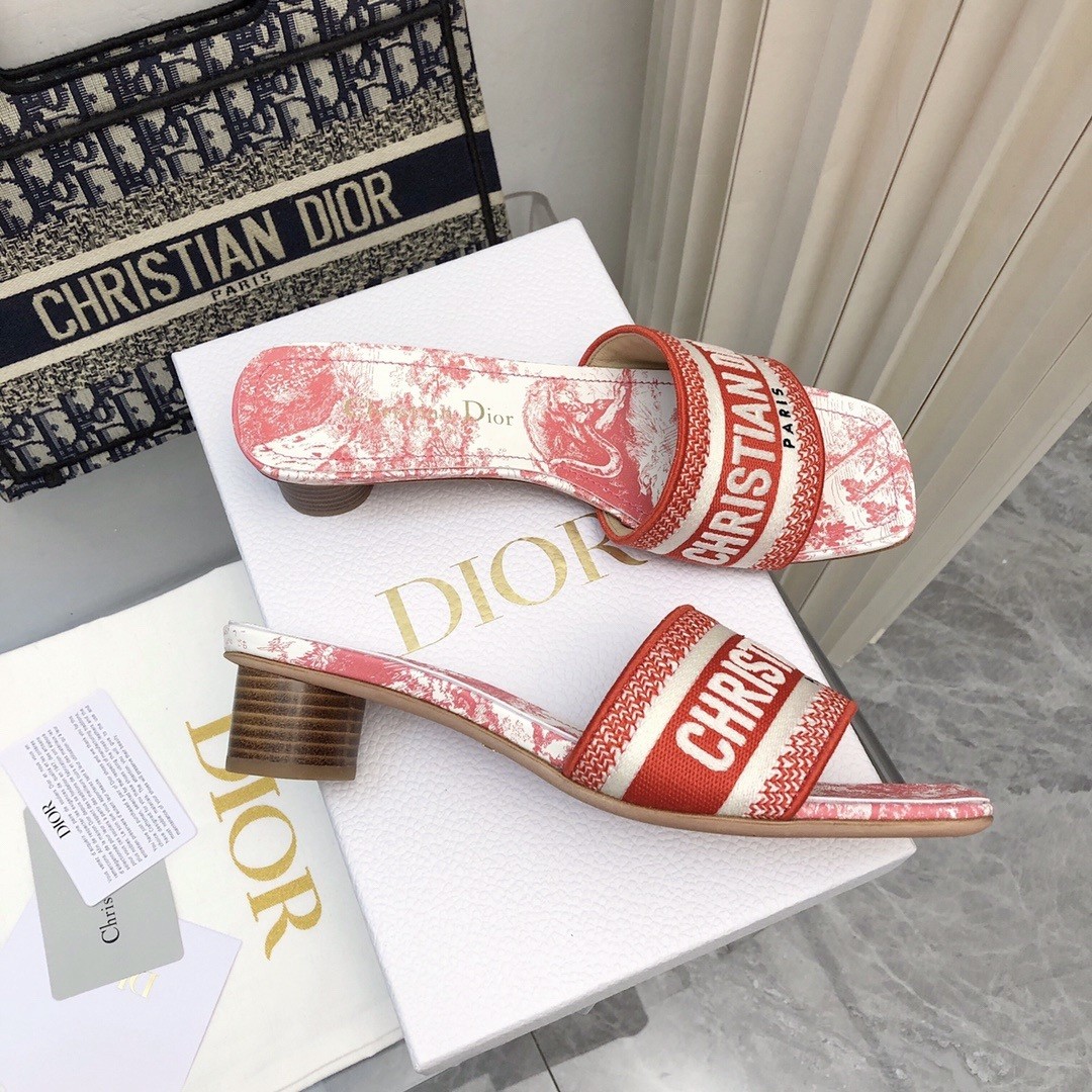 D*or D*oriviera dway heeled 35mm slides in coral toile de jouy sauvage cotton