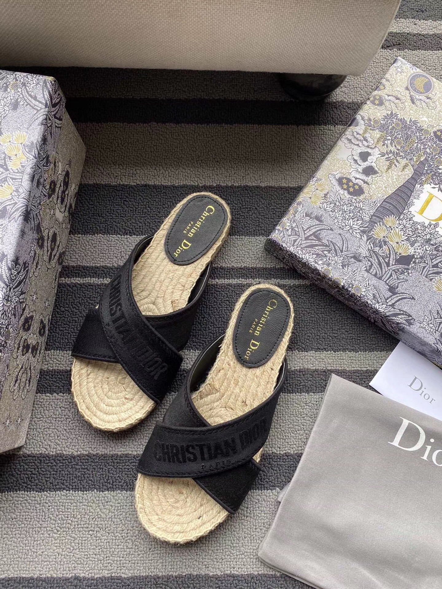 D*or granville espadrilles sandals in black embroidered cotton